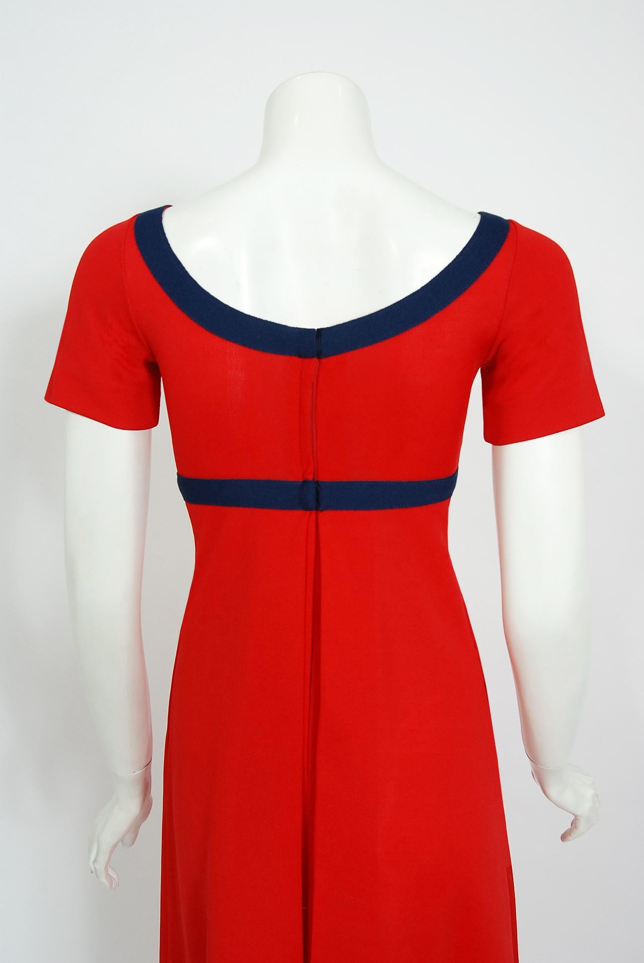 Vintage 1969 Rudi Gernreich Cross Your Heart Empire Red Navy Knit Mod Maxi Dress In Good Condition For Sale In Beverly Hills, CA