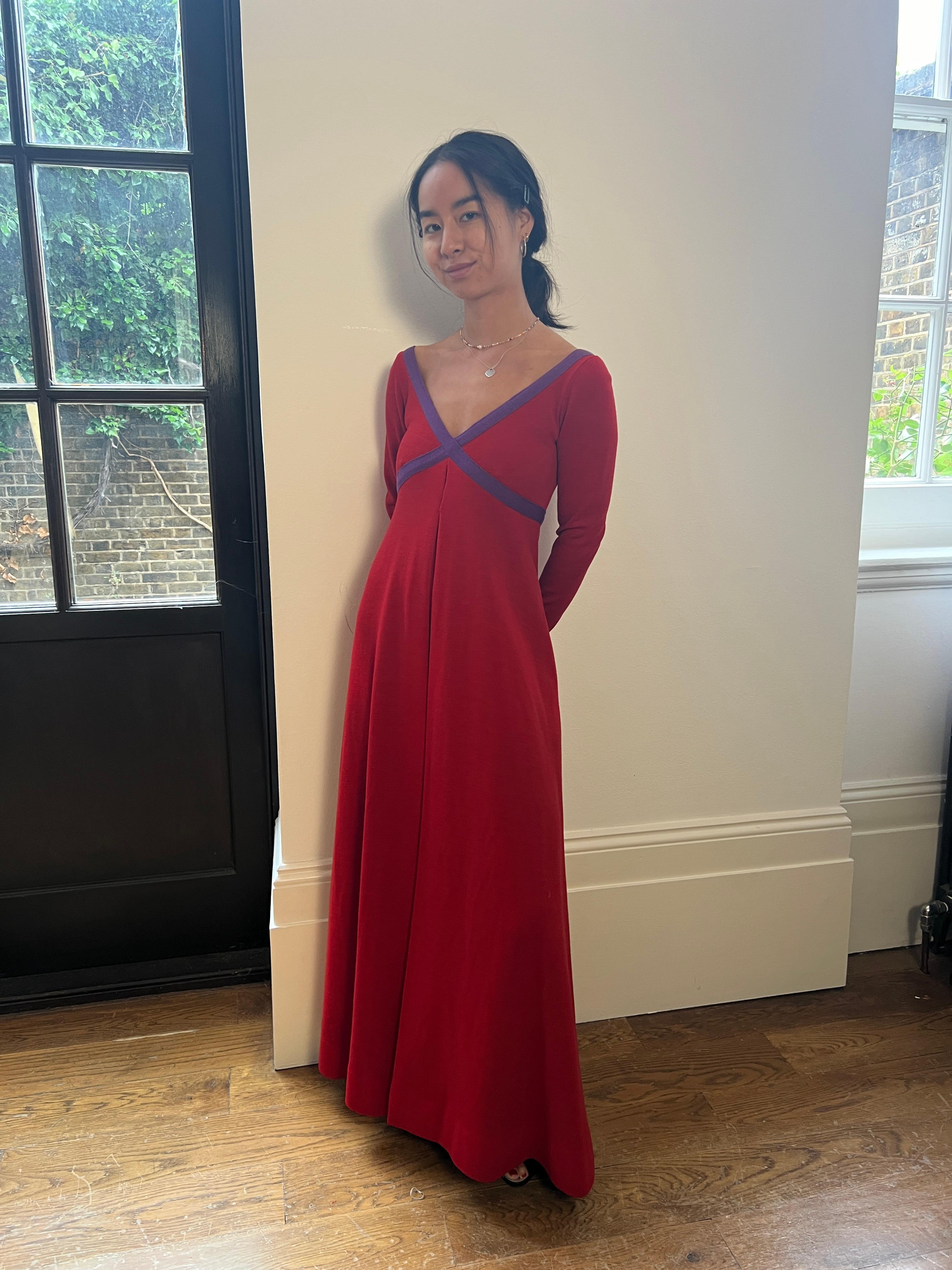 1969 Rudi Gernreich Red and Purple Wool Maxi Dress For Sale 2