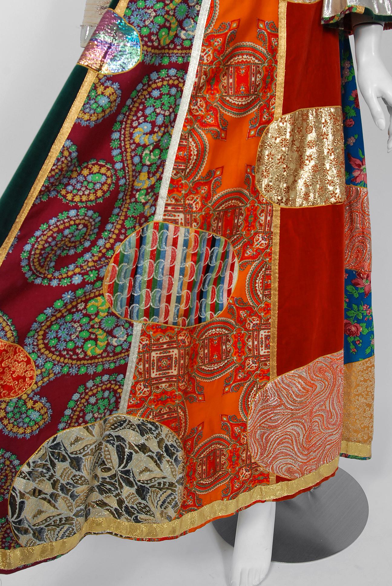 Brown 1969 Giorgio Sant' Angelo Documented Colorful Patchwork Klimt Bohemian Dress