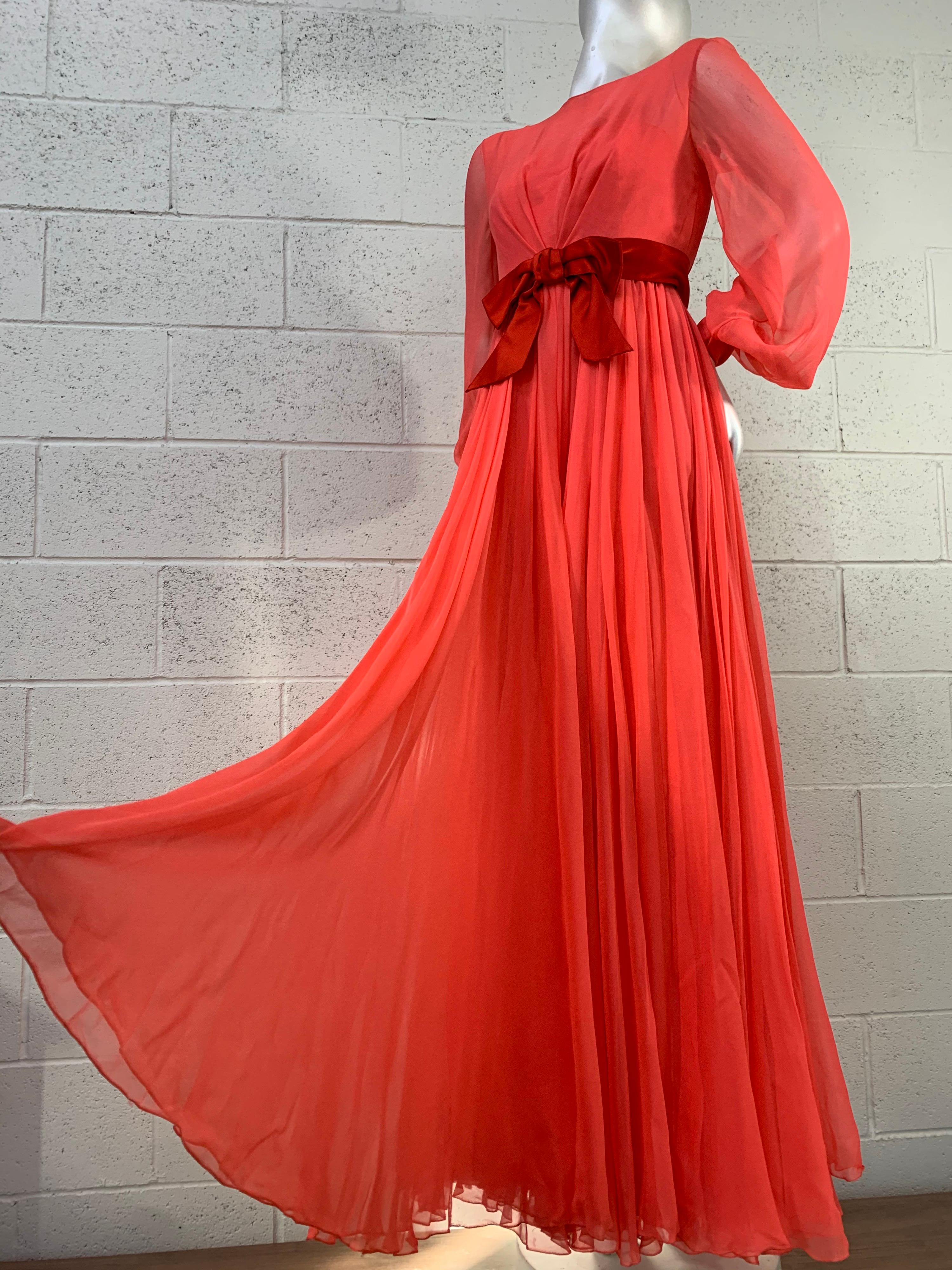 1969 Sarmi Deep Coral Silk Chiffon Gown w/ Balloon Sleeves & Wide Satin Sash For Sale 5