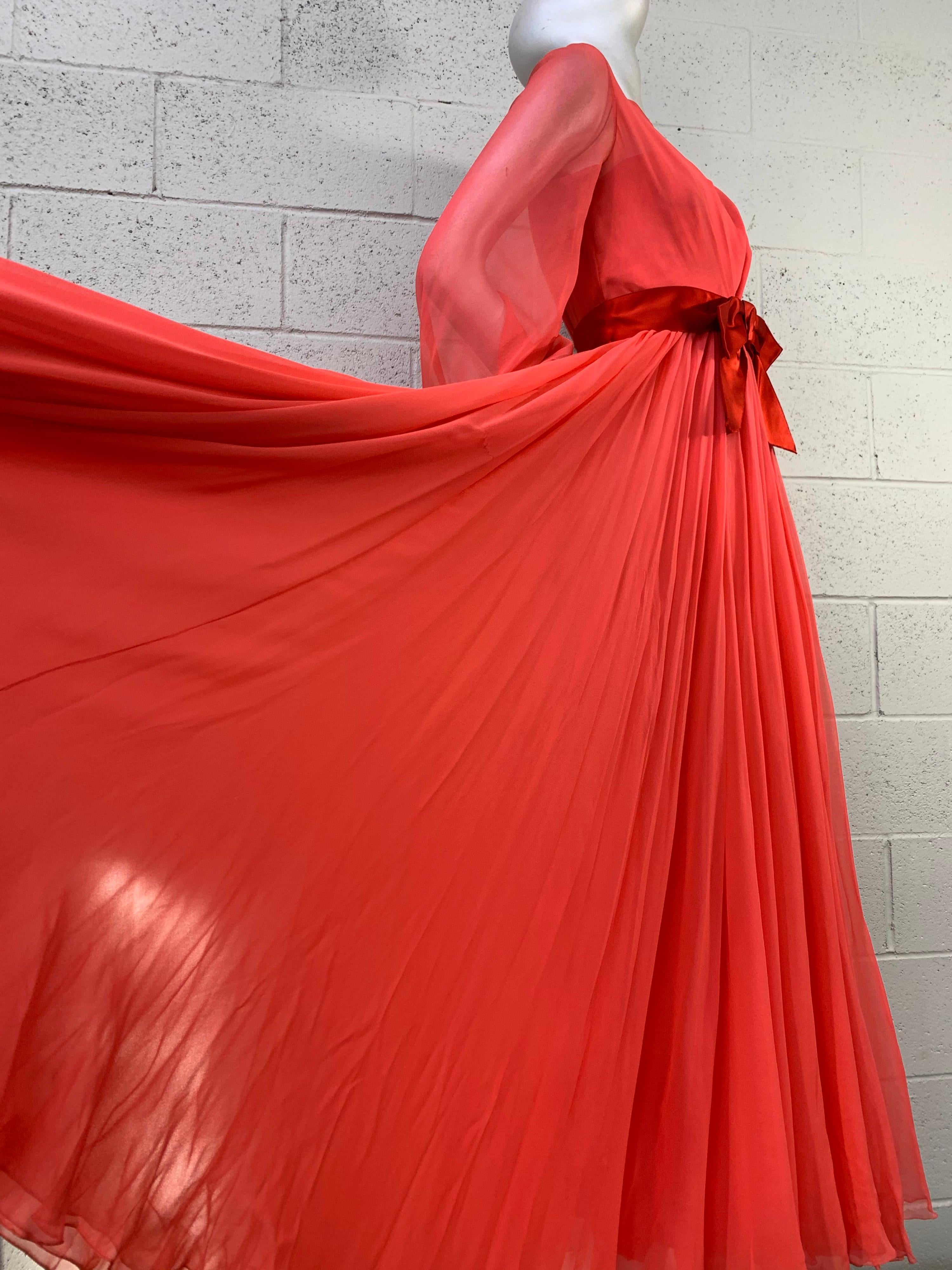 1969 Sarmi Deep Coral Silk Chiffon Gown w/ Balloon Sleeves & Wide Satin Sash 6