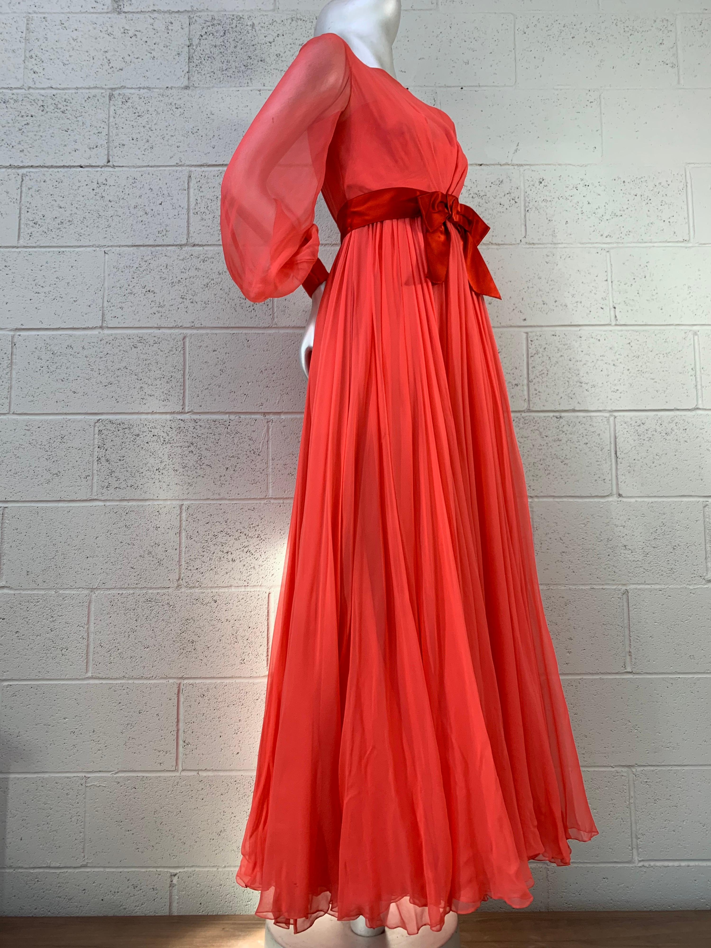 1969 Sarmi Deep Coral Silk Chiffon Gown w/ Balloon Sleeves & Wide Satin Sash For Sale 10