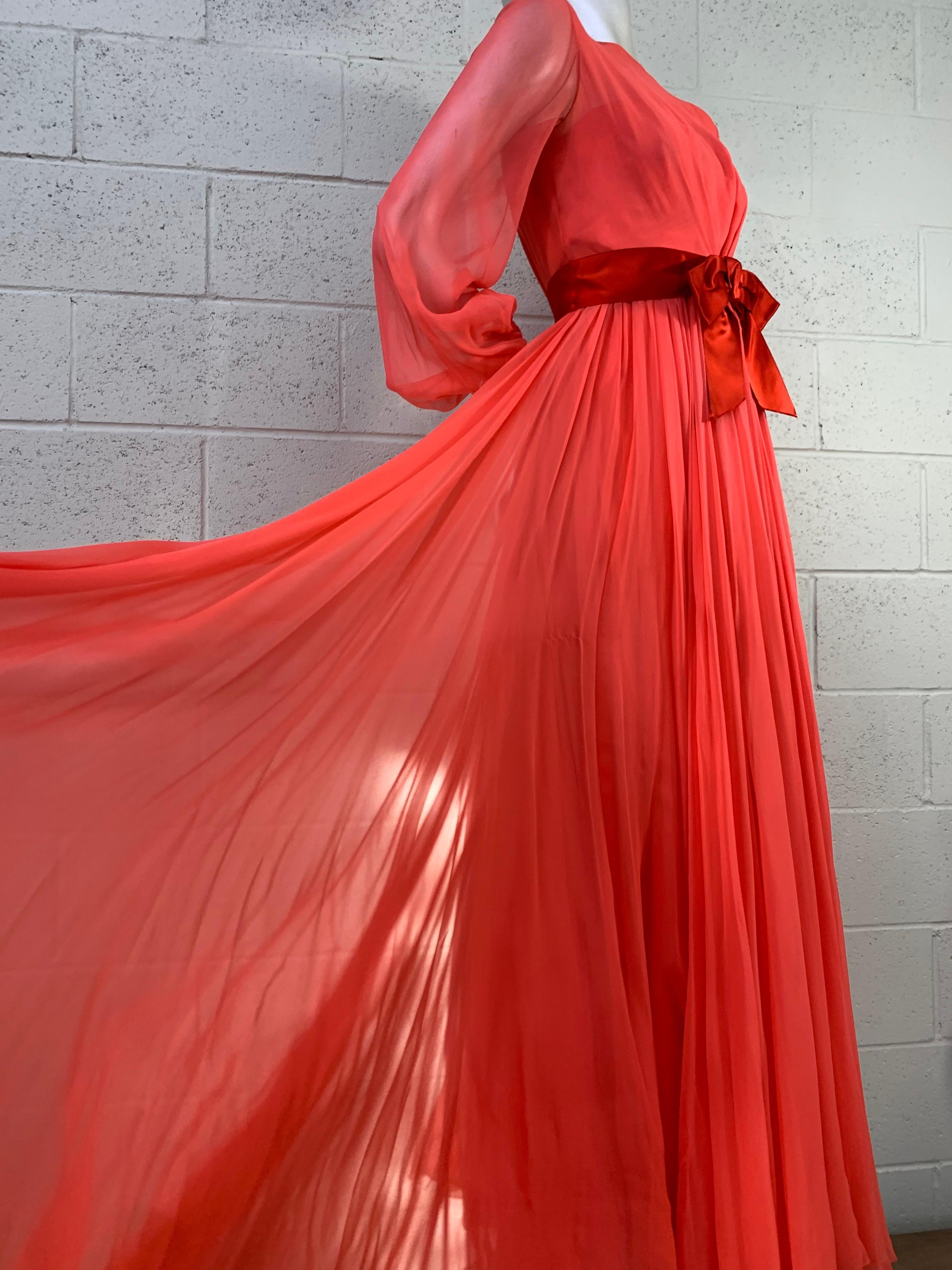 Red 1969 Sarmi Deep Coral Silk Chiffon Gown w/ Balloon Sleeves & Wide Satin Sash For Sale