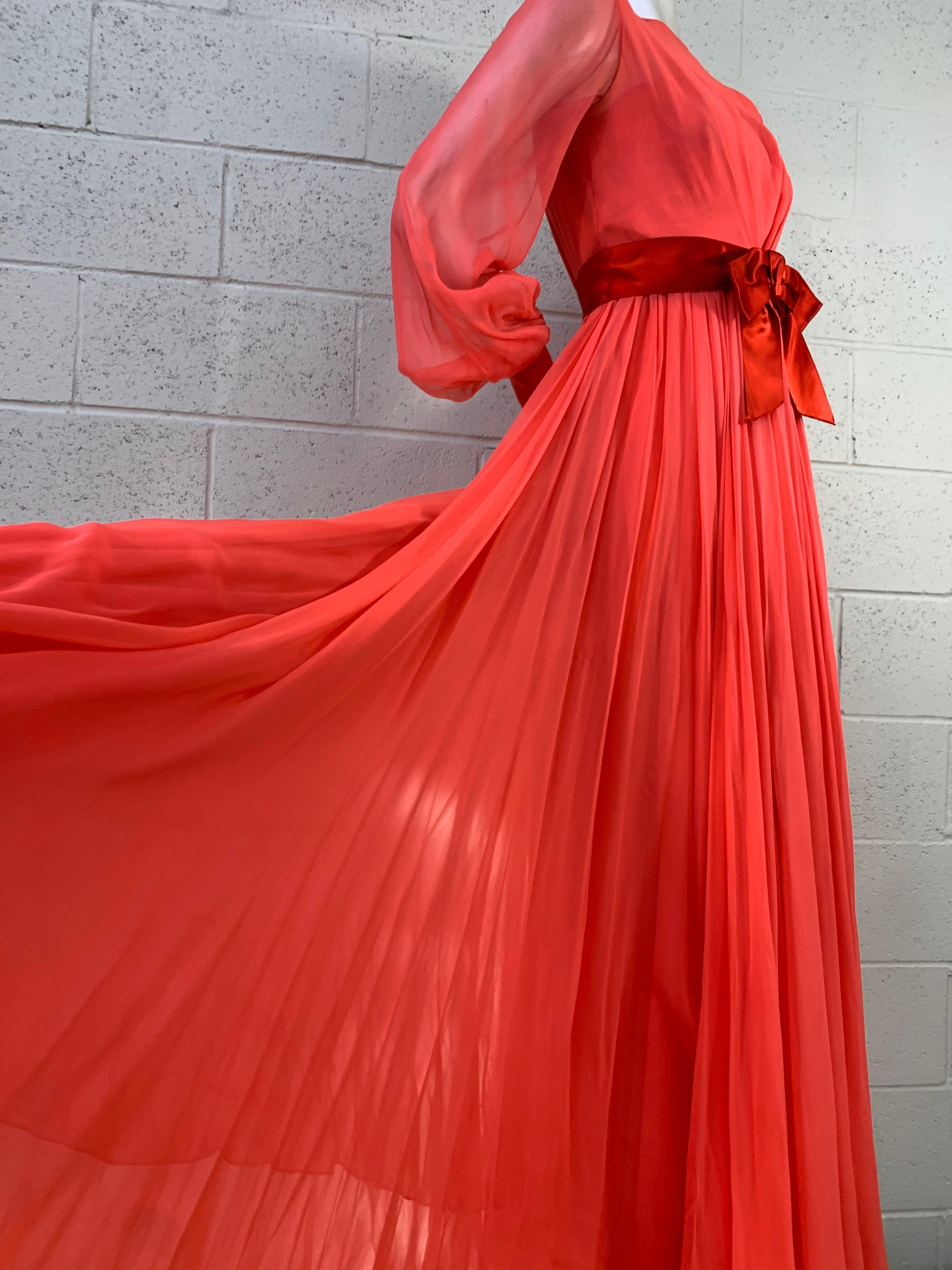Women's 1969 Sarmi Deep Coral Silk Chiffon Gown w/ Balloon Sleeves & Wide Satin Sash For Sale