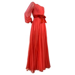 1969 Sarmi Deep Coral Silk Chiffon Gown w/ Balloon Sleeves & Wide Satin Sash