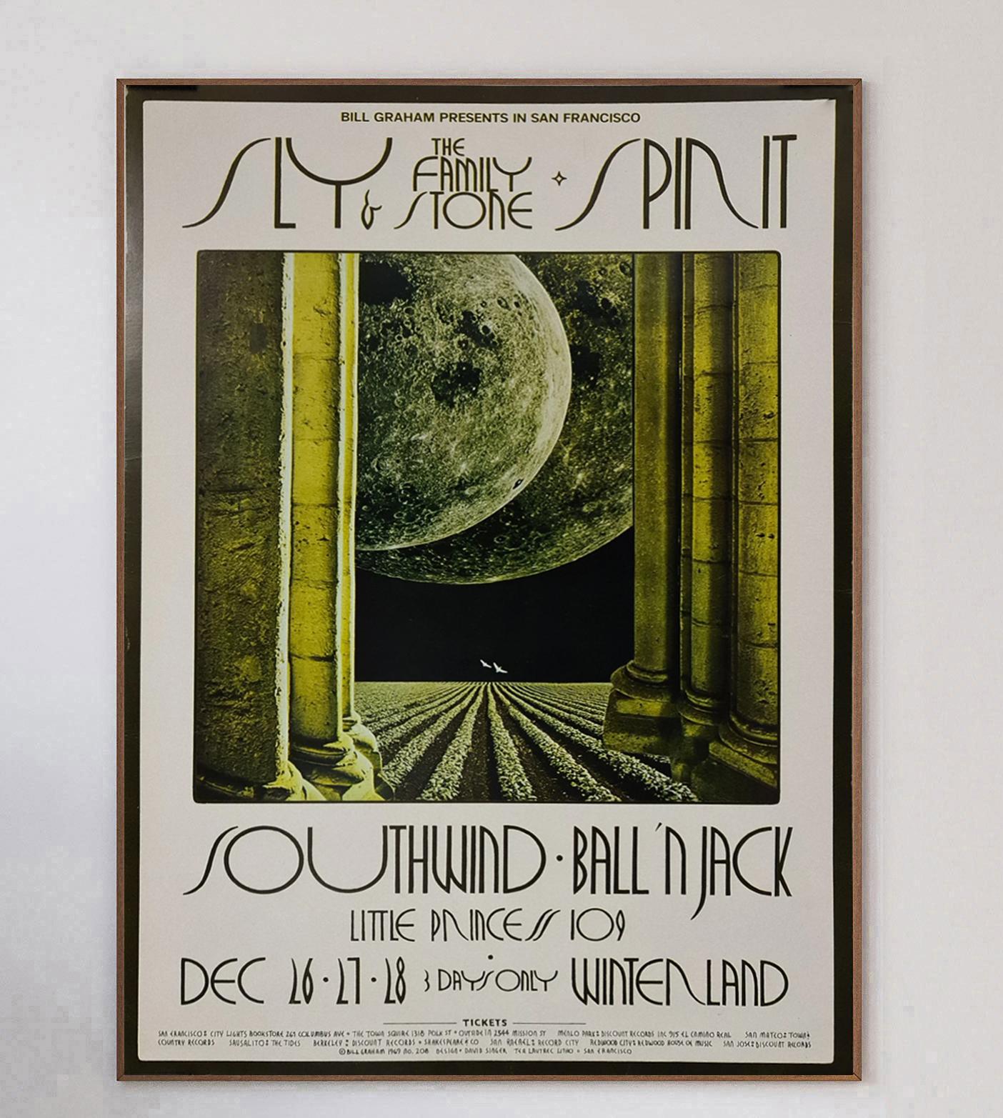Brilliant poster designed by the iconic poster artist David Singer promoting Sly & the Family Stone's headline show at Winterland in San Francisco, California. The funk rock group played the hometown show at perhaps the height of their fame, coming
