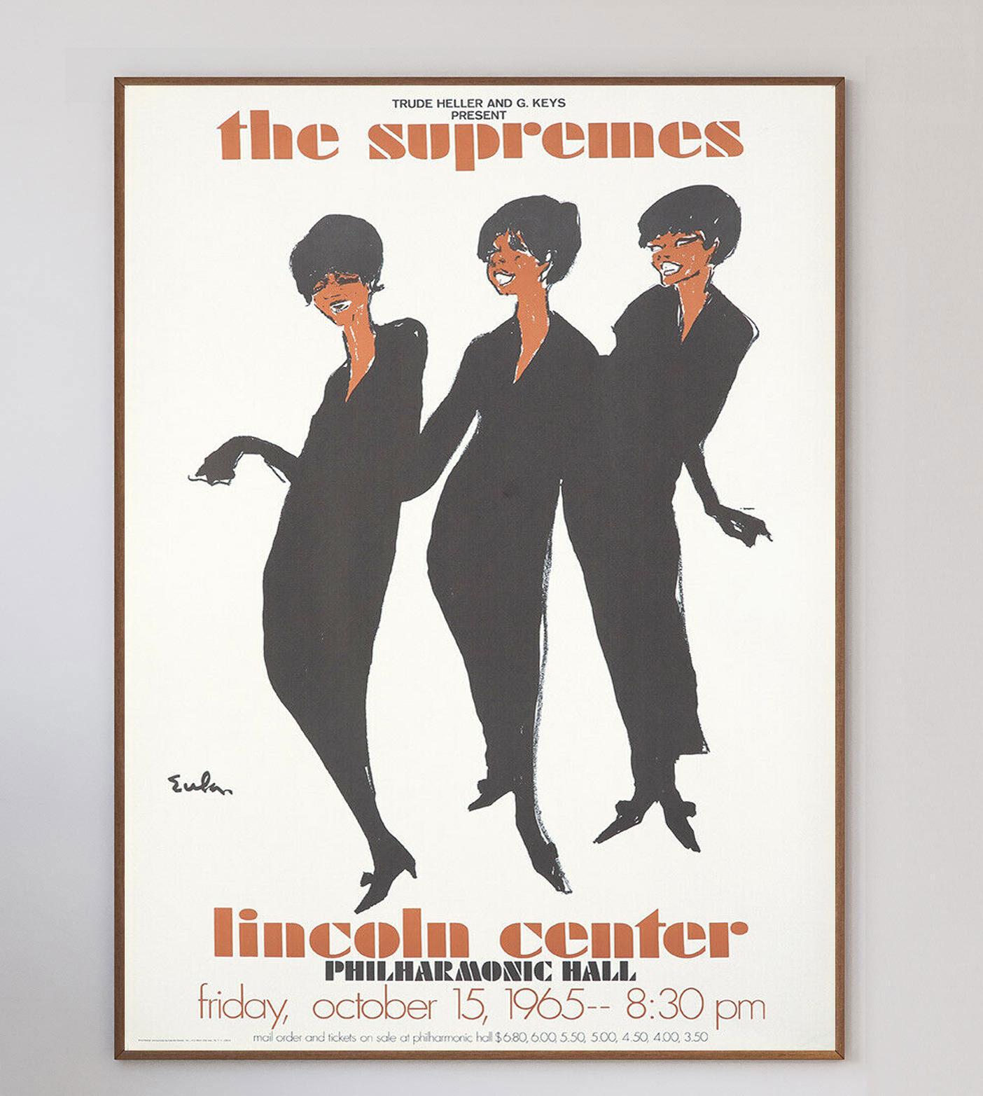 Renowned fashion illustrator Joe Eula was commissioned to design this poster for the sold out show for The Supremes in 1965 at New York's distinguished Philharmonic Hall at the Lincoln Center.

The concert came at the height of the iconic groups