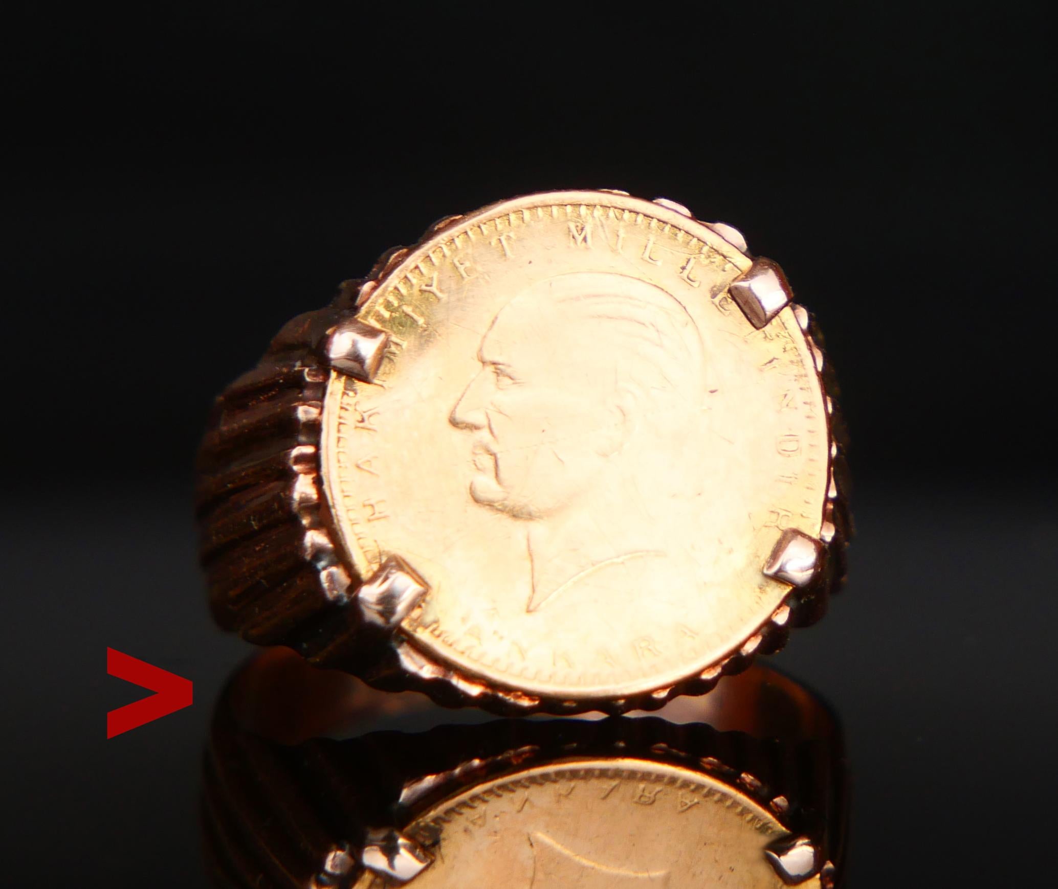A ring with Turkish Coin.

Solid 14k Rose Gold band featuring bezel set genuine Turkish solid Ø14mm 22K Yellow Gold 25 Kurush coin minted in 1969.

The face of the coin bears the profile image of Mustafa Kemal Ataturk, who was the first president of