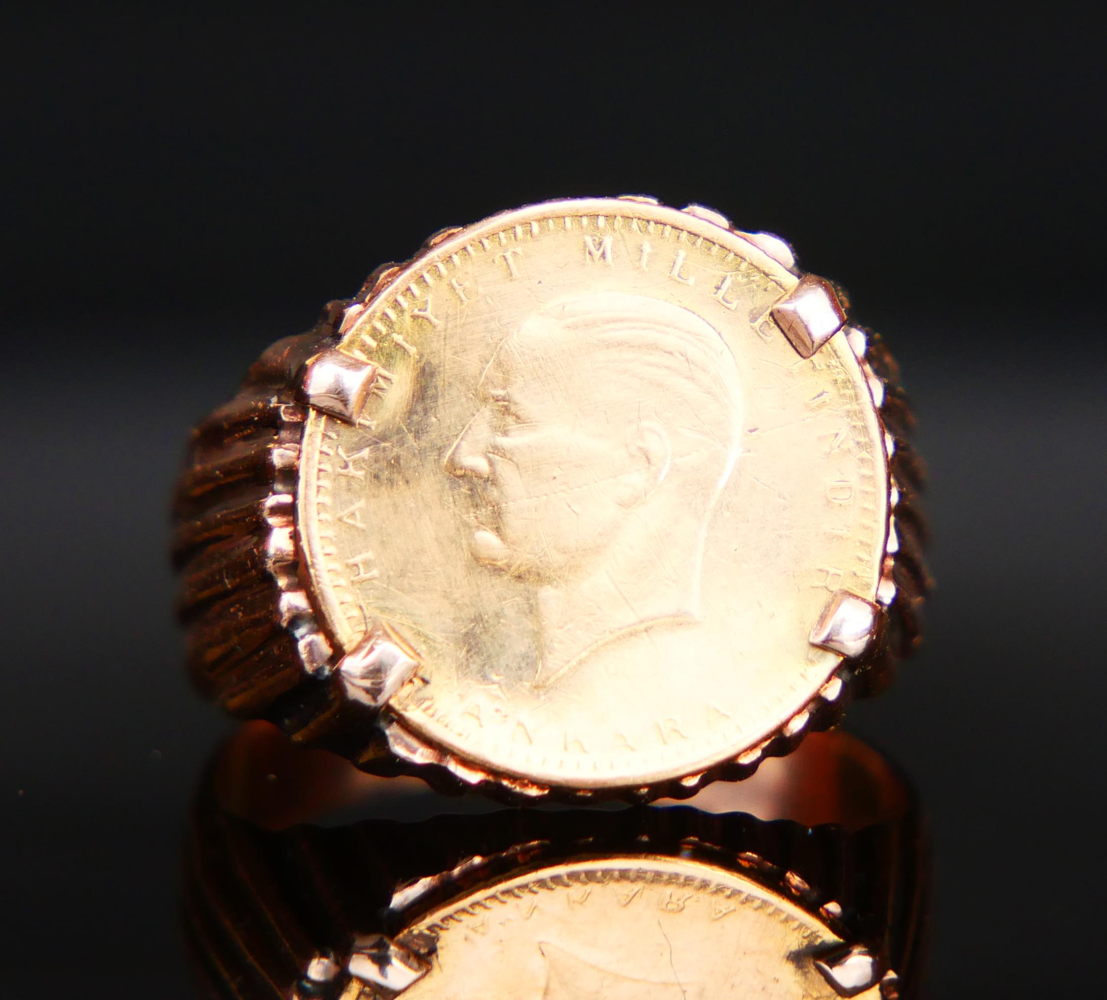 Art Nouveau 1969 Turkish Coin Unisex Men's Ring 25 Kurush solid 22k & 14k Gold ØUS6.5 /4.6gr For Sale