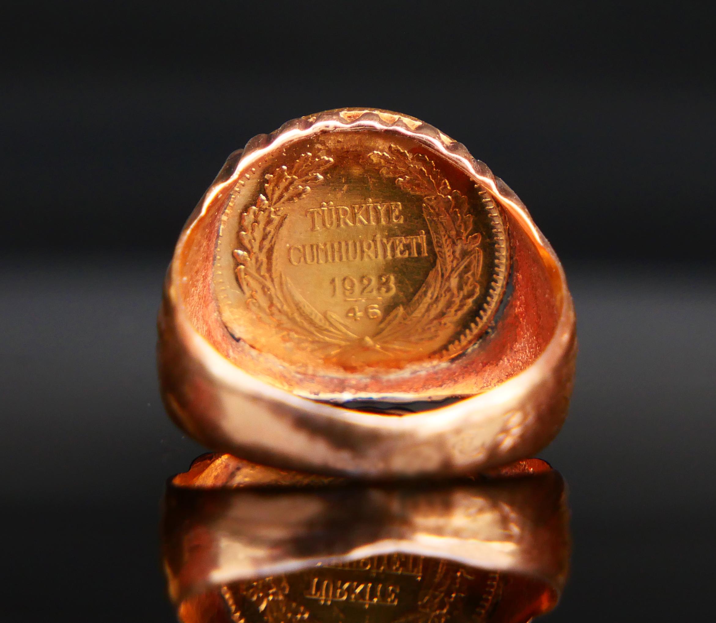 1969 Turkish Coin Unisex Men's Ring 25 Kurush solid 22k & 14k Gold ØUS6.5 /4.6gr For Sale 1