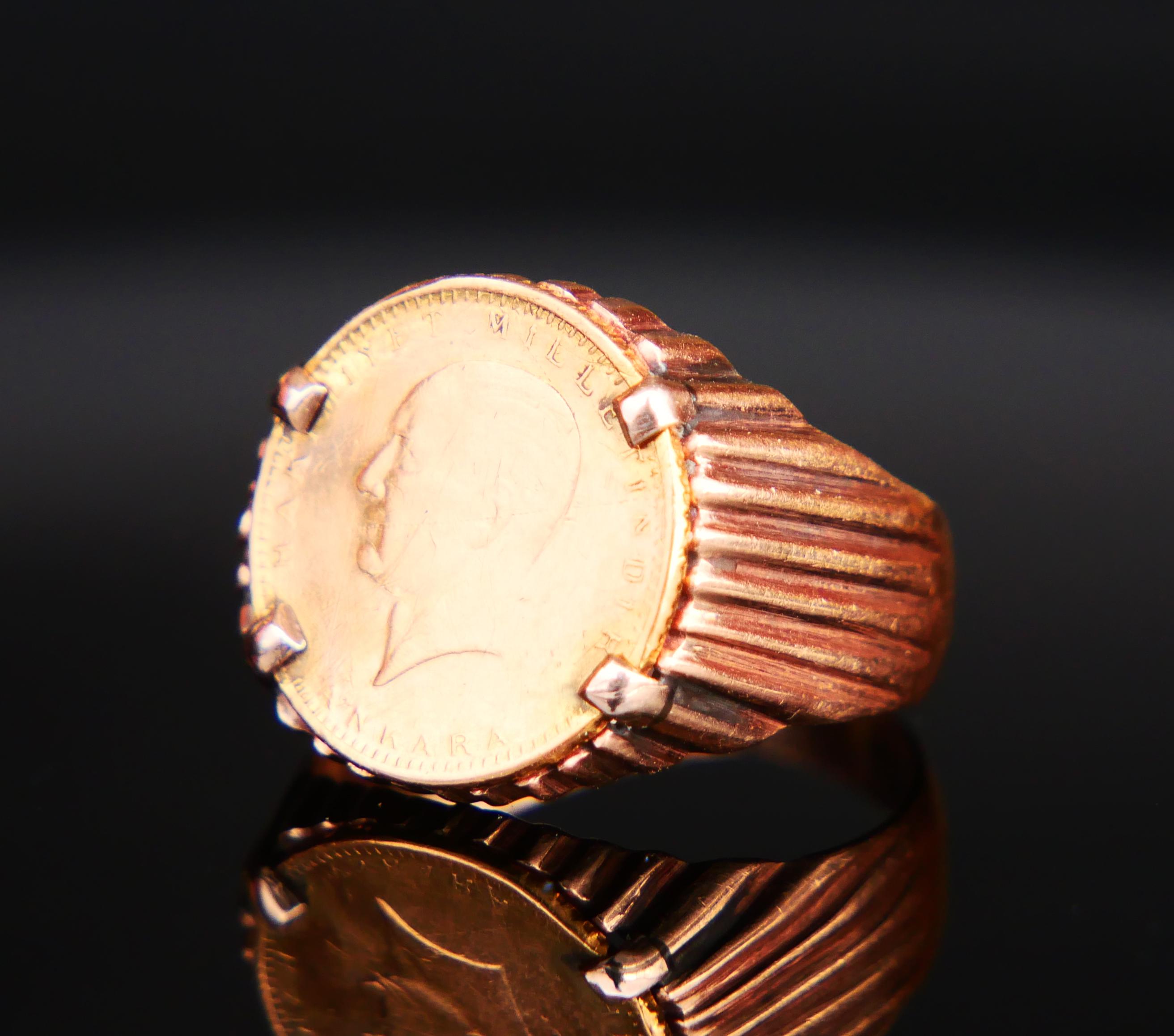 1969 Turkish Coin Unisex Men's Ring 25 Kurush solid 22k & 14k Gold ØUS6.5 /4.6gr For Sale 3