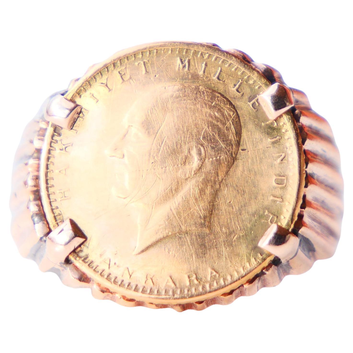1969 Turkish Coin Unisex Men's Ring 25 Kurush solid 22k & 14k Gold ØUS6.5 /4.6gr For Sale