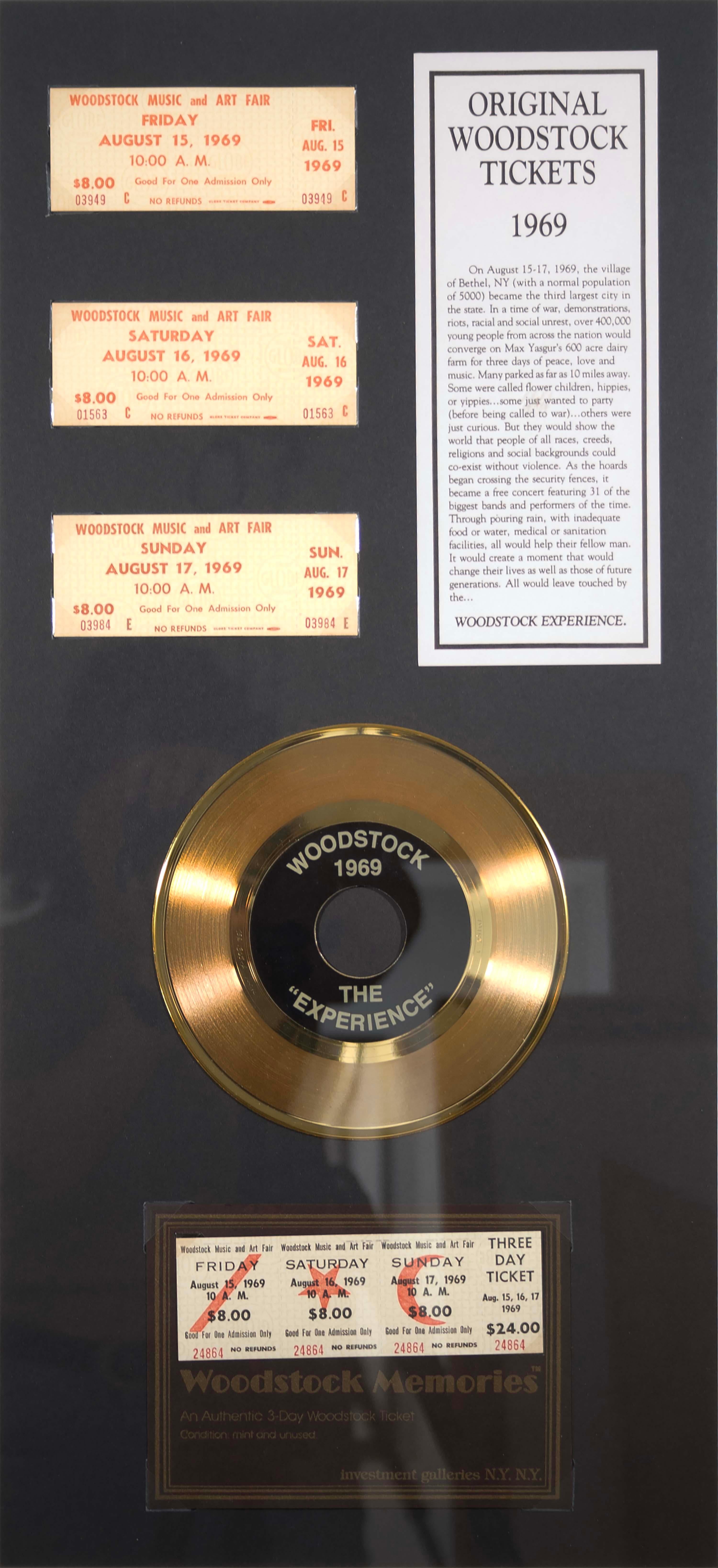 Une collection exceptionnelle de souvenirs musicaux comprenant un billet original de trois jours pour Woodstock (15-17 août 1969) ainsi que des billets d'une seule journée et un mini-disque LP doré de Woodstock 1969 intitulé 