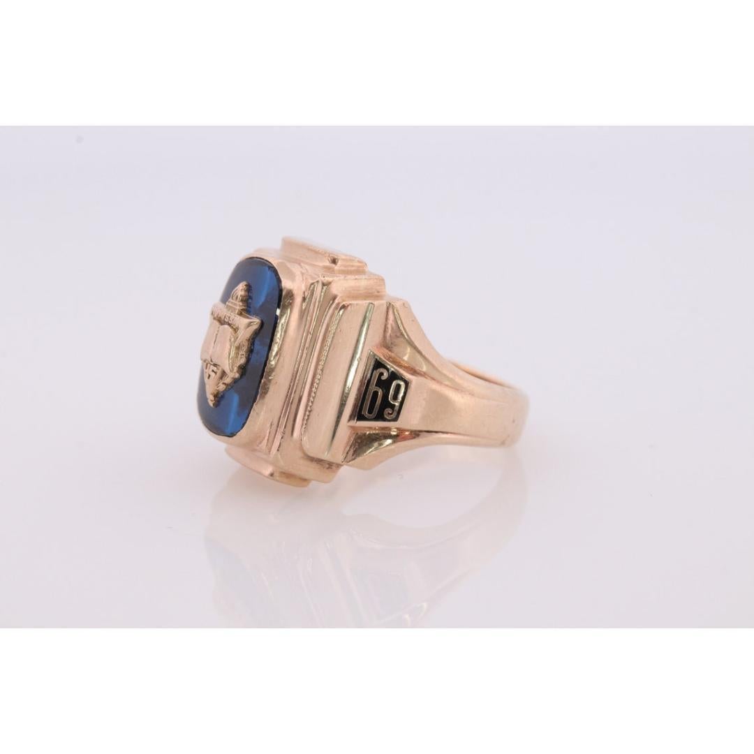 Vintage from the 1960s
Materials: Stone
Gemstone: Topaz
Gem color: Blue
Band color: Gold
Style: Art deco
Beautiful Oval Cut Topaz glass ring bezel set.

Class of 1969. Wyomissing High School

Made by Schwemmer 10KT

You will definitely not find one
