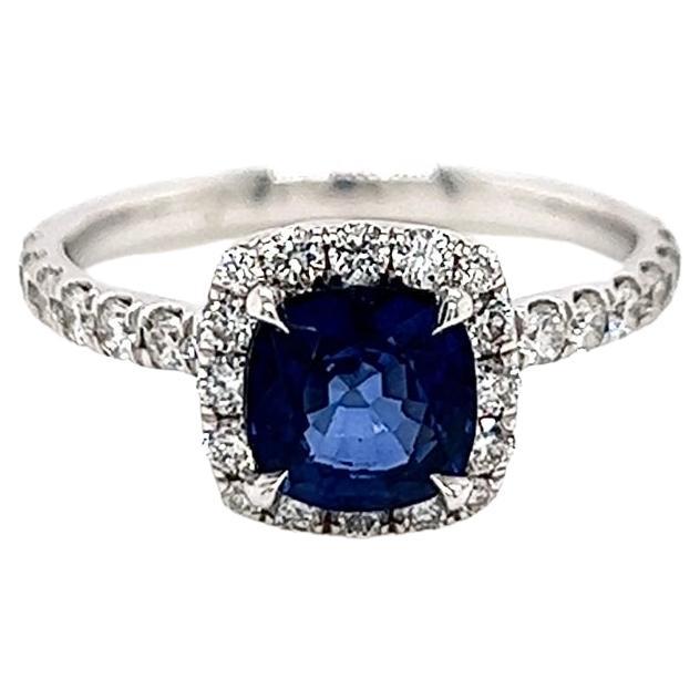 1.96 Total Carat Sapphire Halo Diamond Engagement Ring For Sale