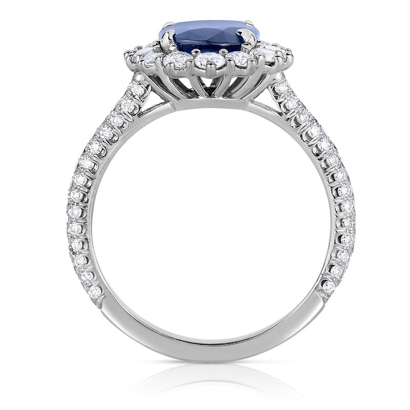 Contemporary 1.96 Carat Blue Oval Sapphire Conflict Free Diamond Cocktail Halo Ring For Sale