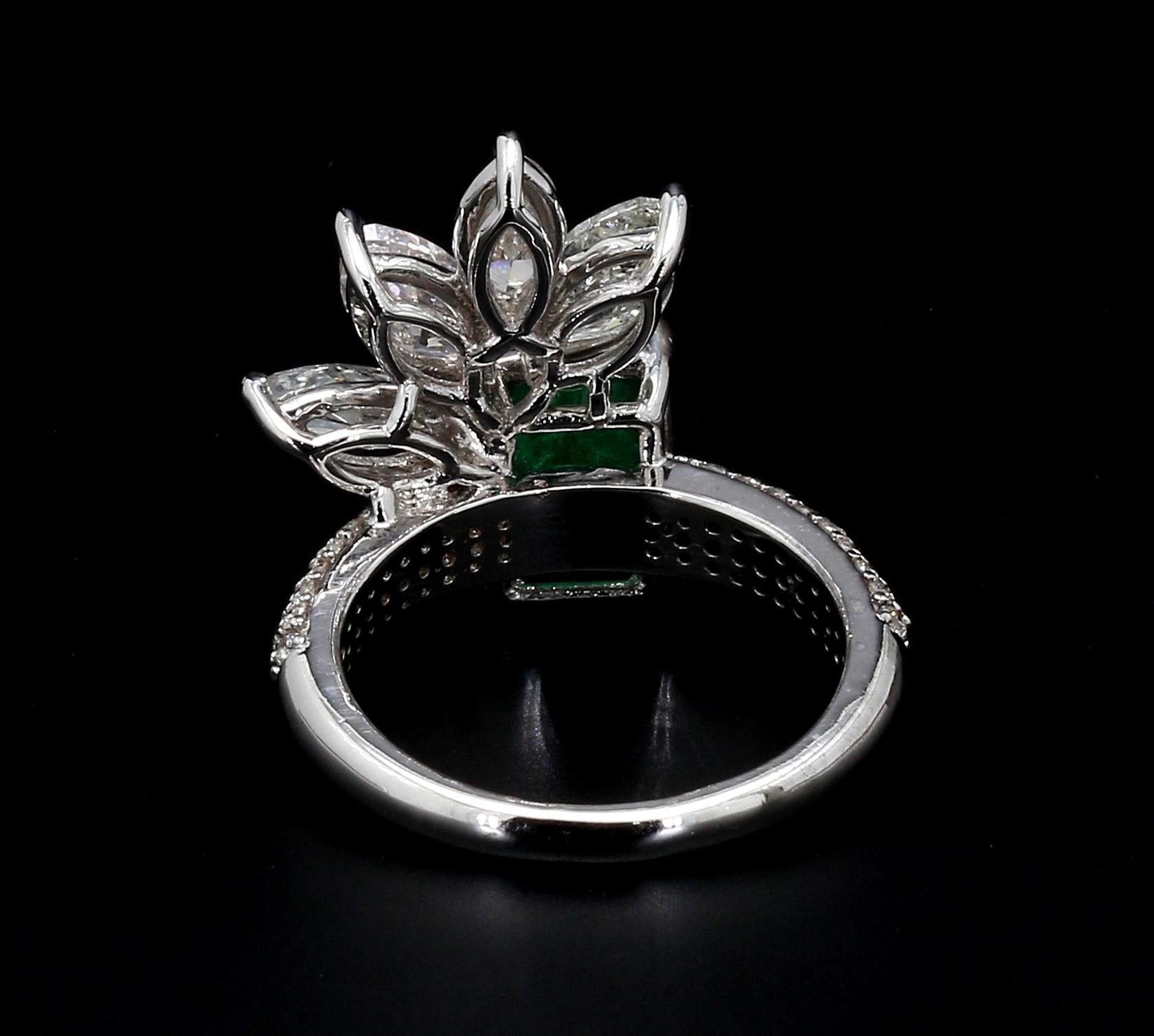Emerald Cut 4.19 carat Natural Diamonds Cocktail Crown Ring with Showstopper Natural Emerald For Sale