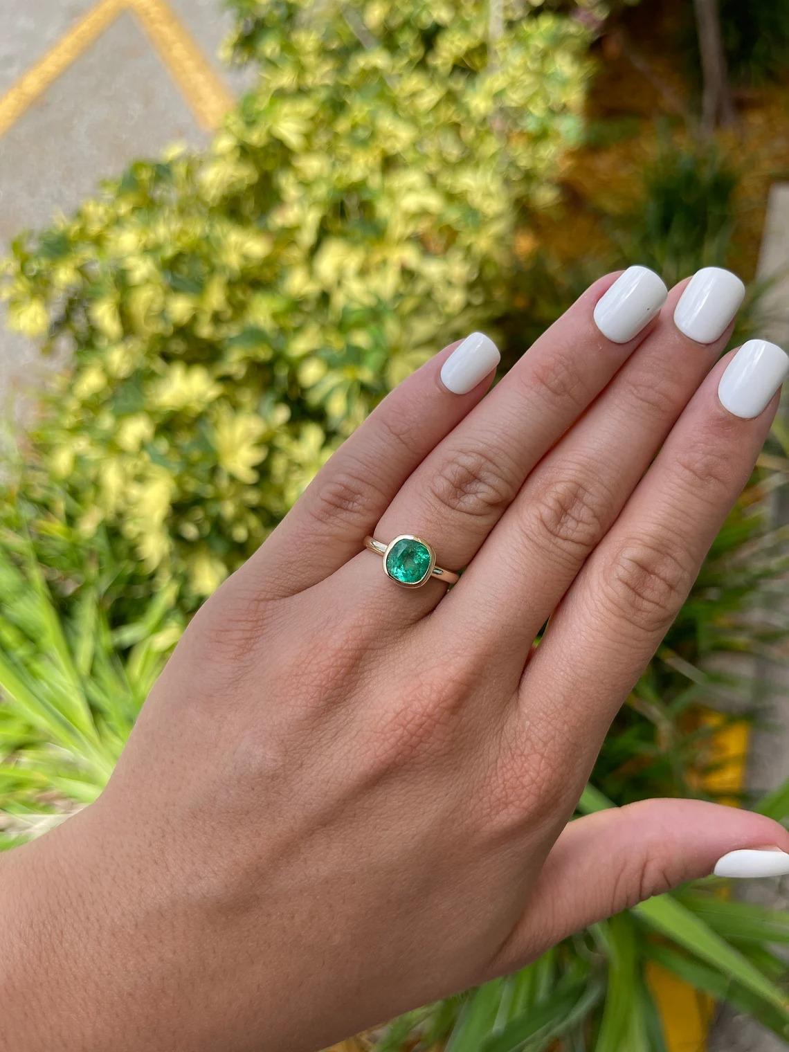 1.96cts 14K Colombian Emerald Cushion Cut Solitaire Bezel Set Yellow Gold Ring 1