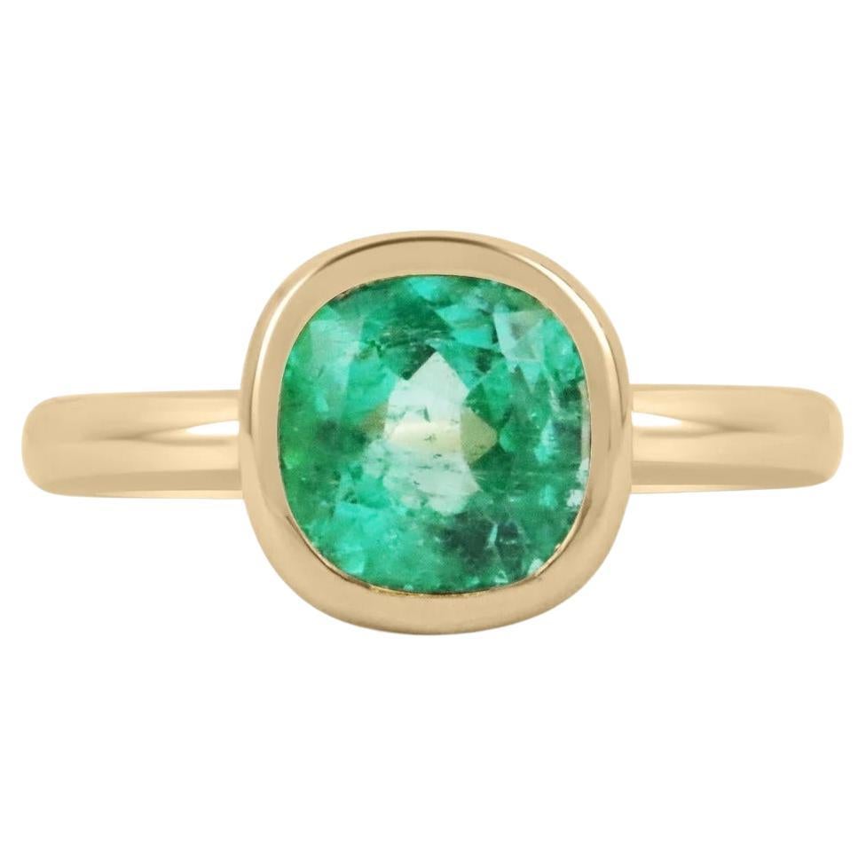 1.96cts 14K Colombian Emerald Cushion Cut Solitaire Bezel Set Yellow Gold Ring For Sale