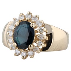 Anello aureola con diamante e zaffiro blu da 1,96 ctw in oro giallo 14k misura 7,75