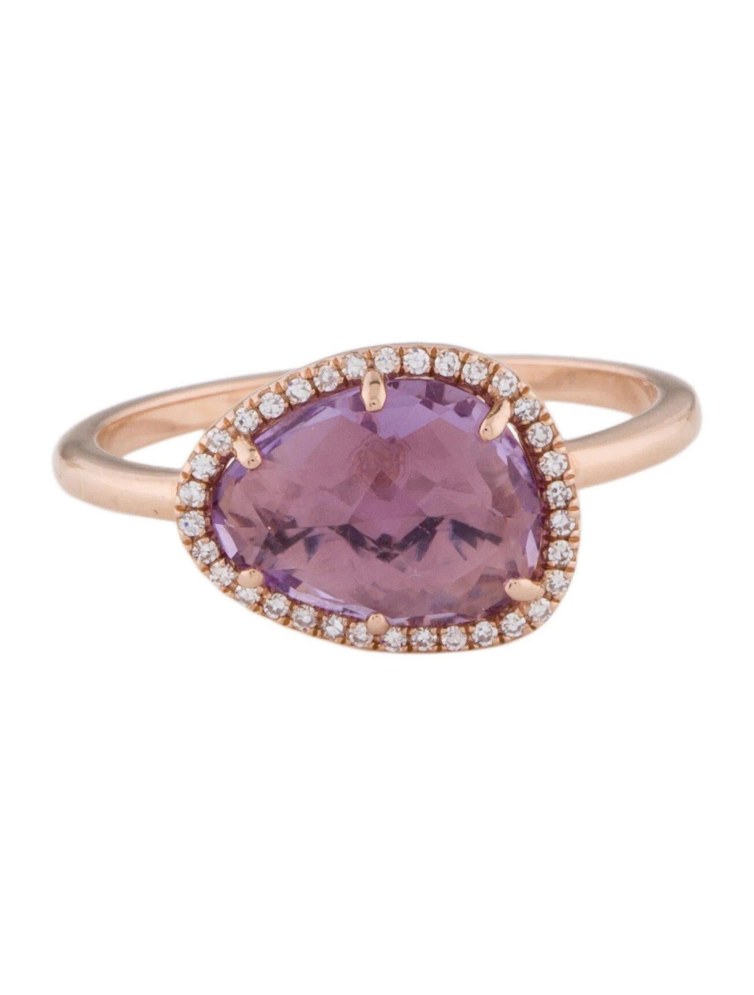 This Amethyst & Diamond Ring is a stunning and timeless accessory that can add a touch of glamour and sophistication to any outfit. 

This ring features a 1.97 Carat Mixed Cut Pink Amethyst (12 x 9 MM), with a Diamond Halo comprised of 0.08 Carats