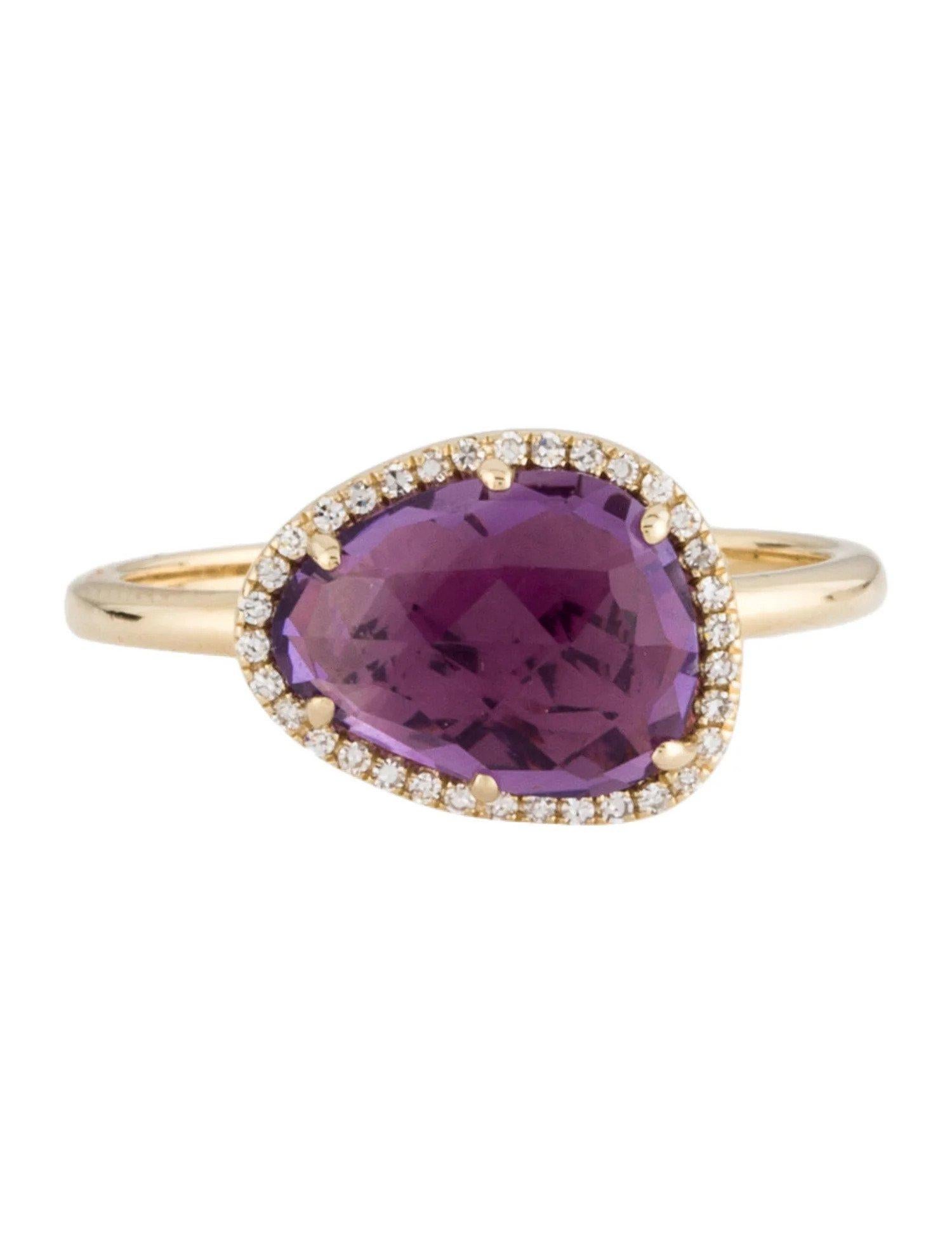 This Amethyst & Diamond Ring is a stunning and timeless accessory that can add a touch of glamour and sophistication to any outfit. 

This ring features a 1.97 Carat Mixed Cut Purple Amethyst (12 x 9 MM), with a Diamond Halo comprised of 0.08 Carats
