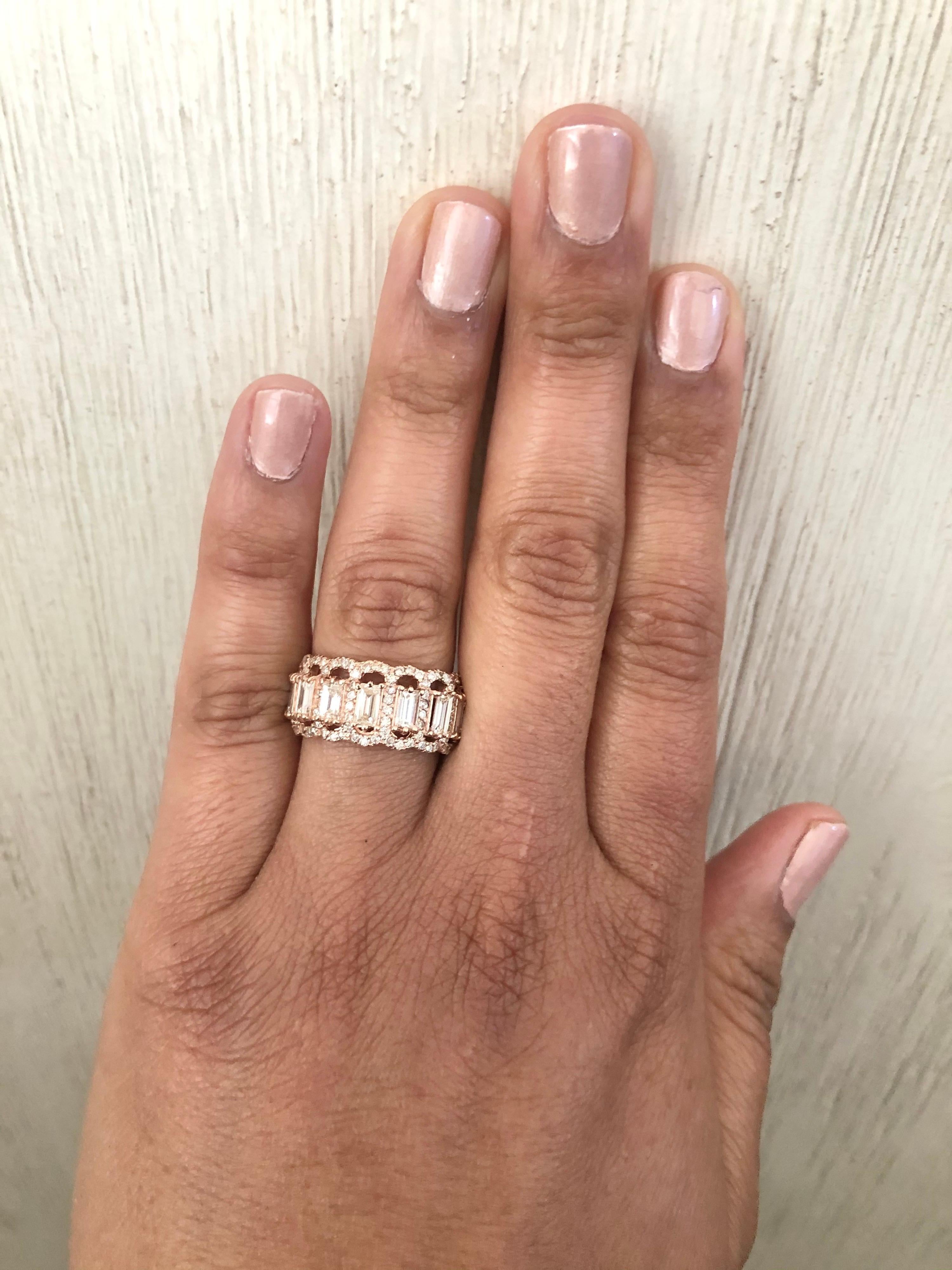 Baguette Cut 1.97 Carat Baguette and Round Cut Diamond Band 14 Karat Rose Gold For Sale