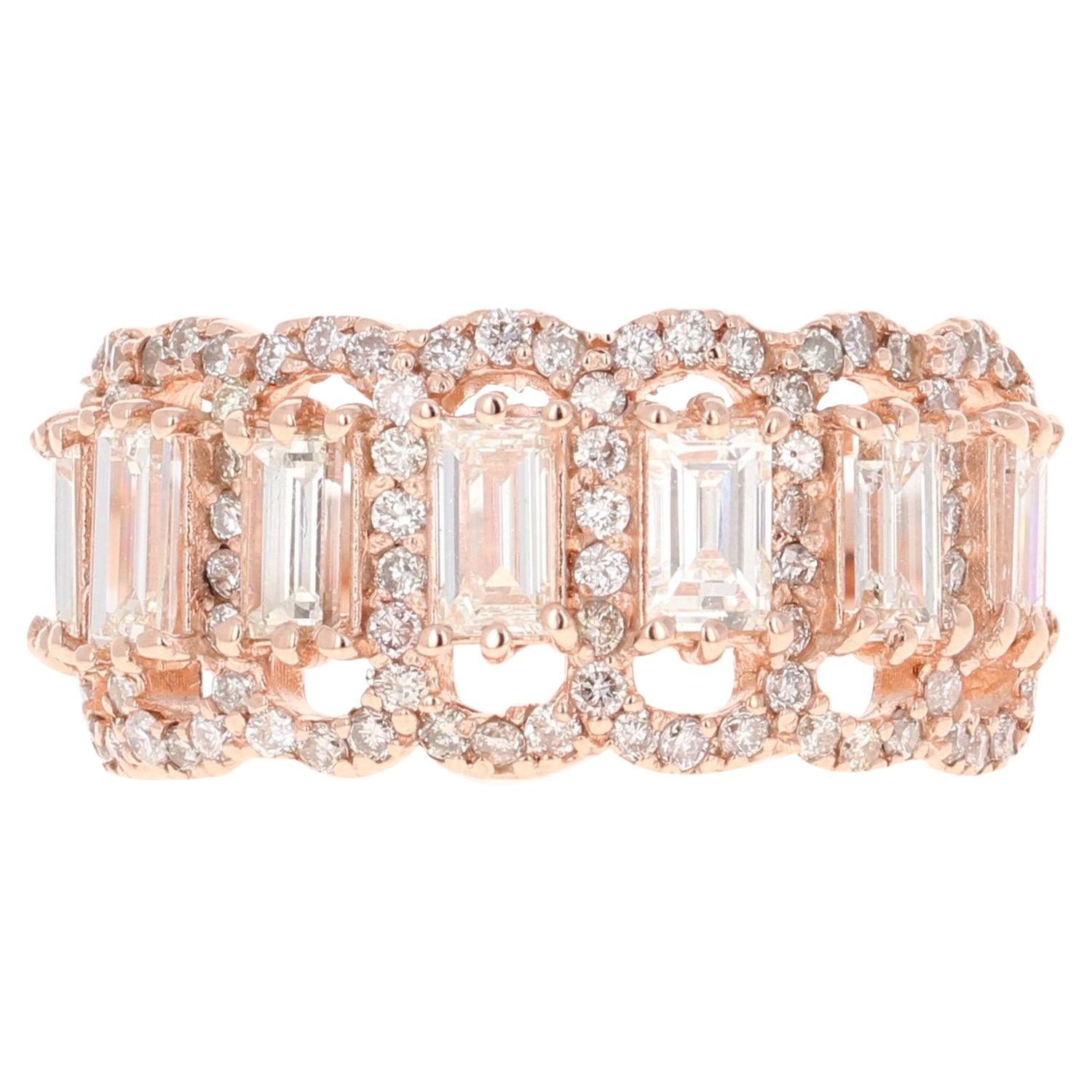 1,97 Karat Baguette- und Rundschliff-Diamantring aus 14 Karat Roségold