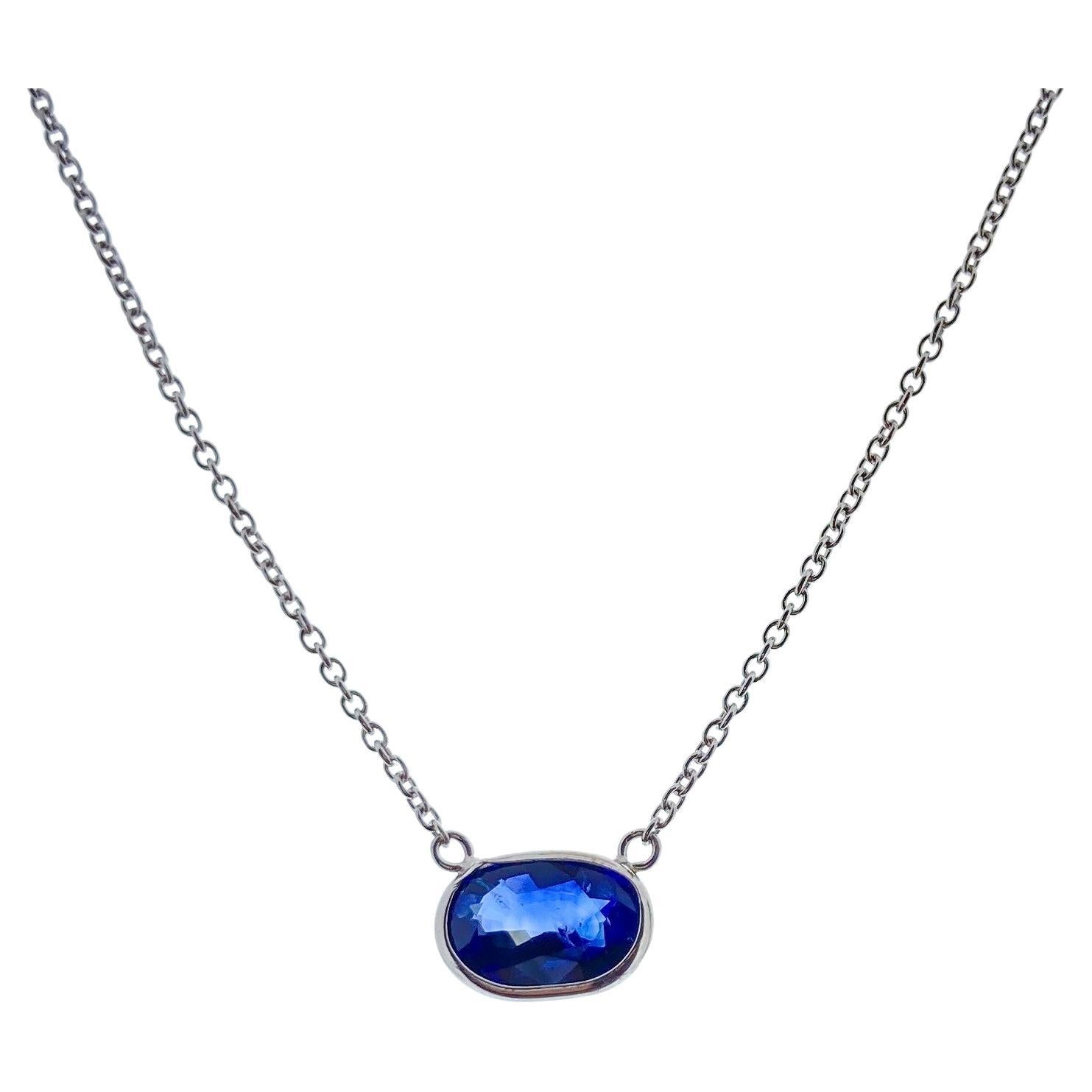 1.97 Carat Blue Oval Sapphire Fashion Necklaces In 14K White Gold  For Sale