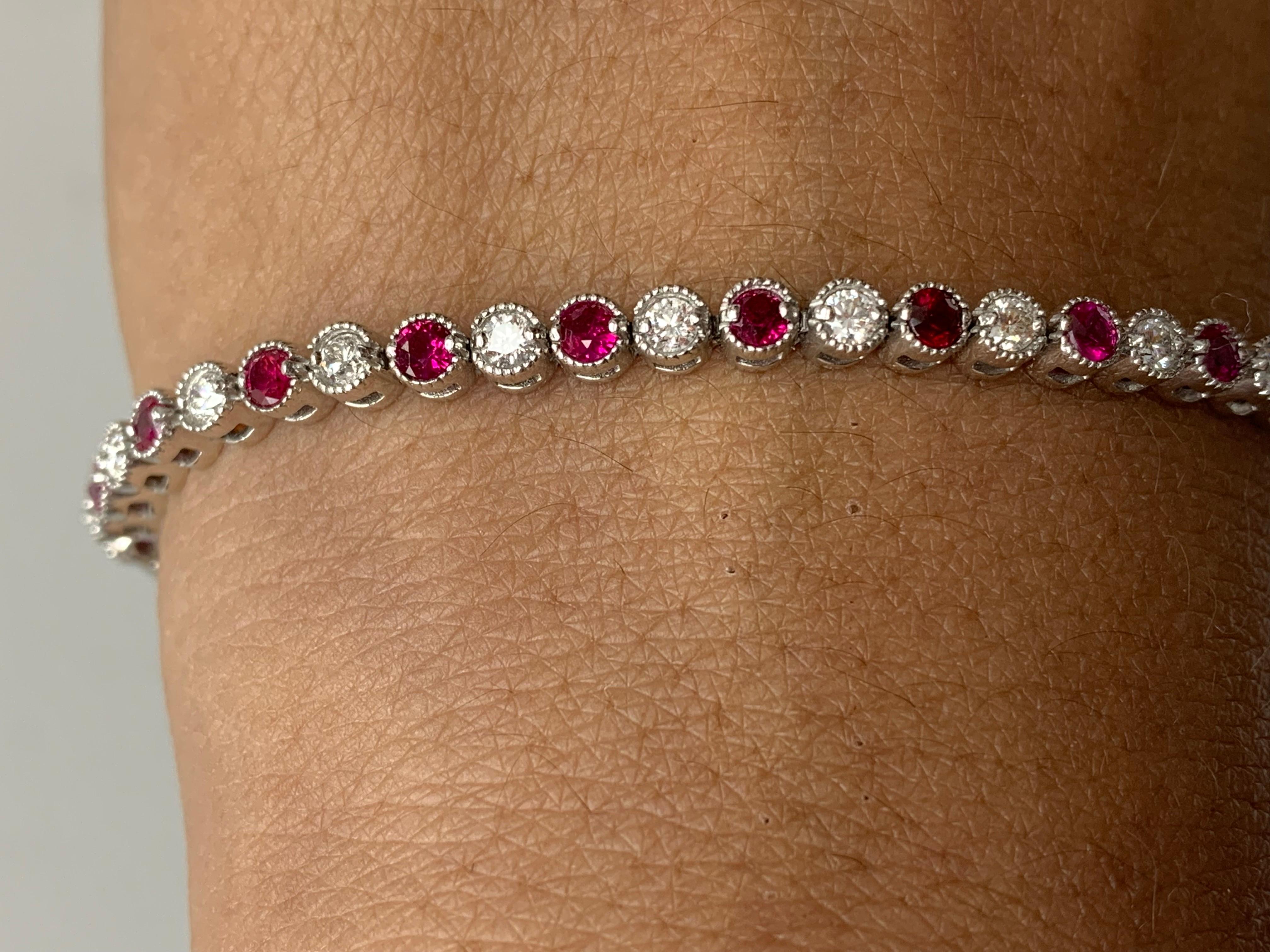 Round Cut 1.97 Carat Brilliant Cut Ruby and Diamond Tennis Bracelet in 14K White Gold For Sale