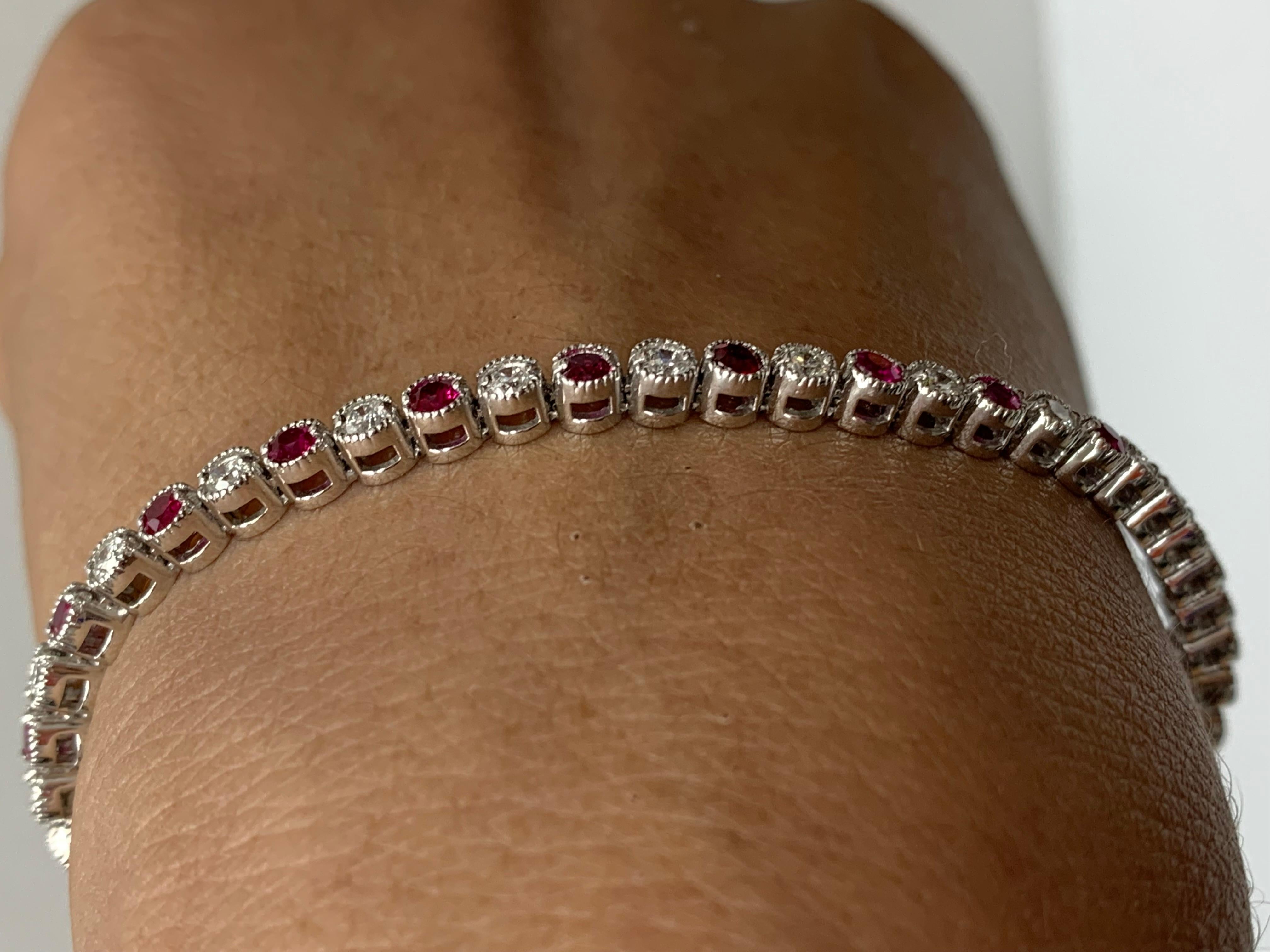1.97 Carat Brilliant Cut Ruby and Diamond Tennis Bracelet in 14K White Gold In New Condition For Sale In NEW YORK, NY