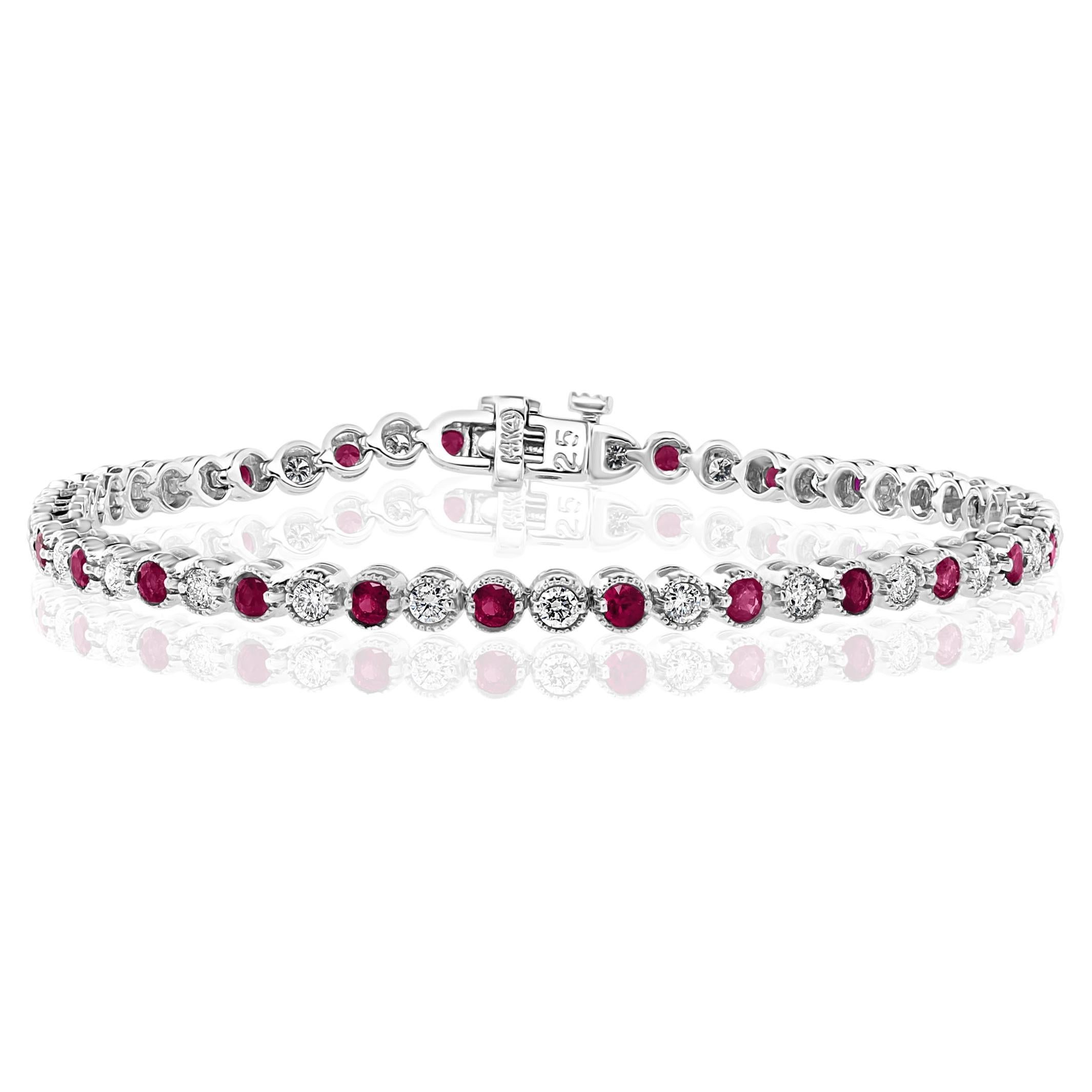 1.97 Carat Brilliant Cut Ruby and Diamond Tennis Bracelet in 14K White Gold For Sale