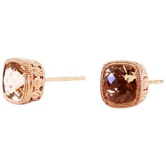 1.97 Carat Cushion Champagne Morganite Bezel Stud Earrings Rose Gold