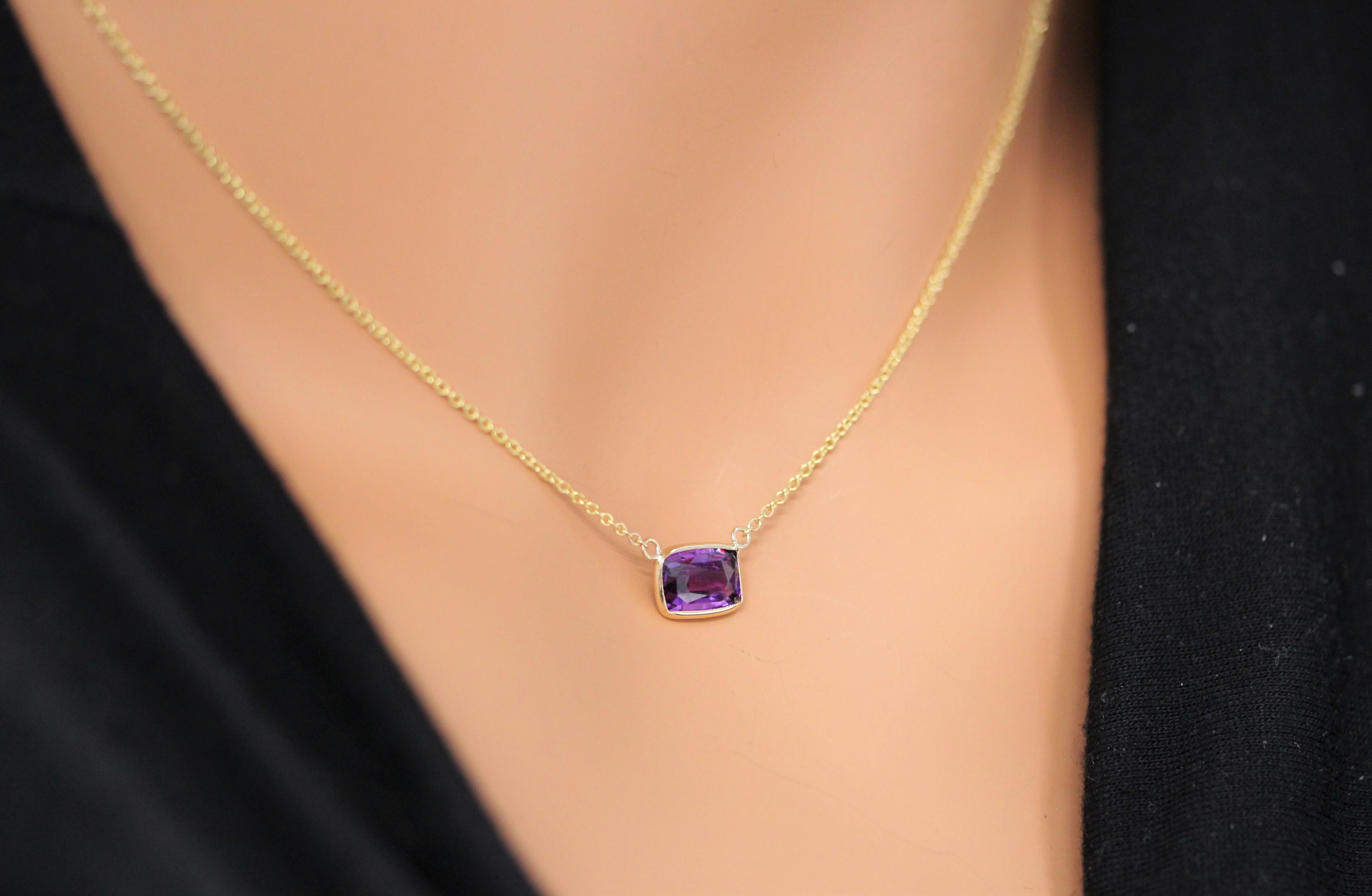 Contemporary 1.97 Carat Cushion Sapphire Purple Fashion Necklaces In 14k Yellow Gold For Sale