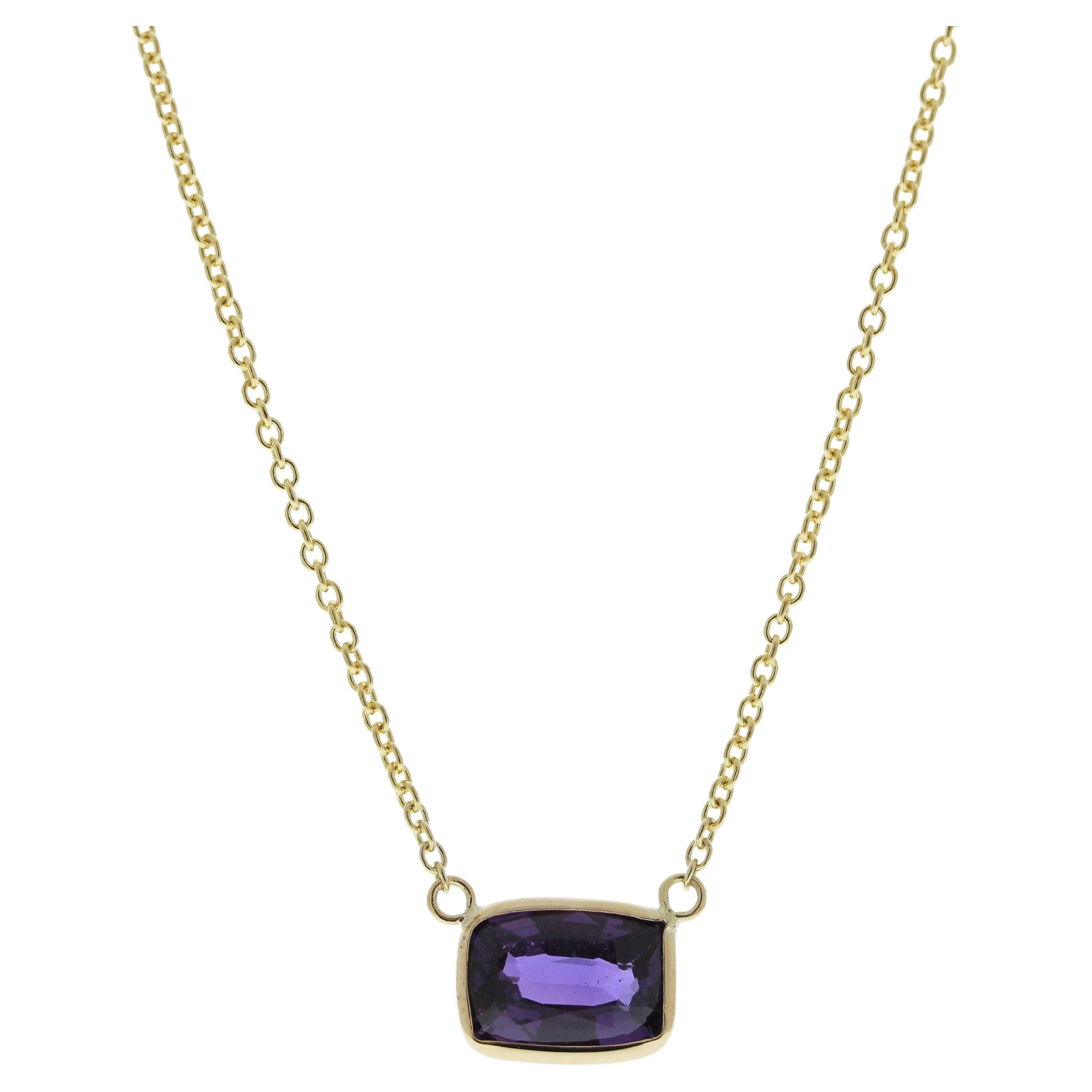 1.97 Carat Cushion Sapphire Purple Fashion Necklaces In 14k Yellow Gold For Sale