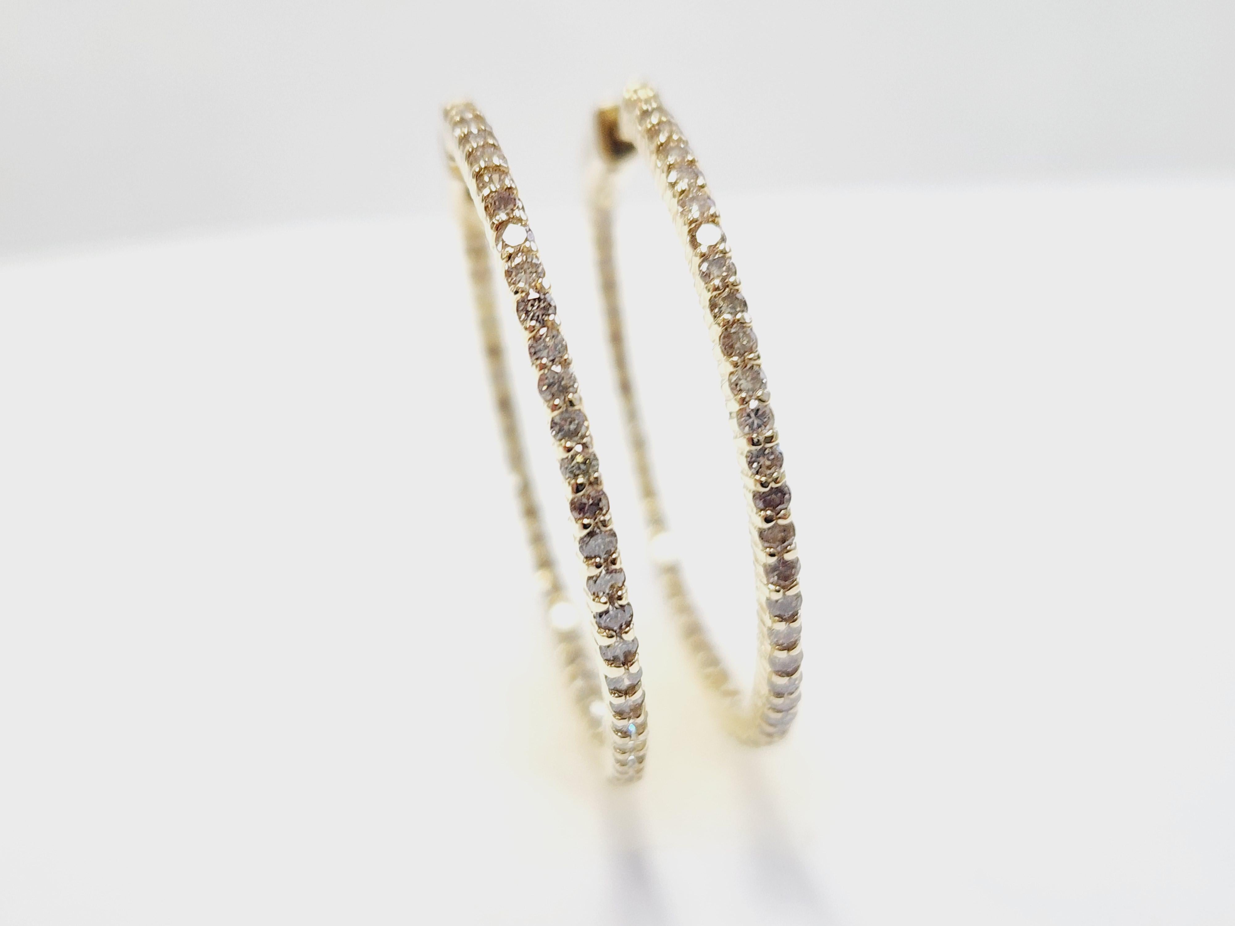 1.97 Carat Natural Diamond Hoops Earrings 14 Karat Yellow Gold For Sale 5