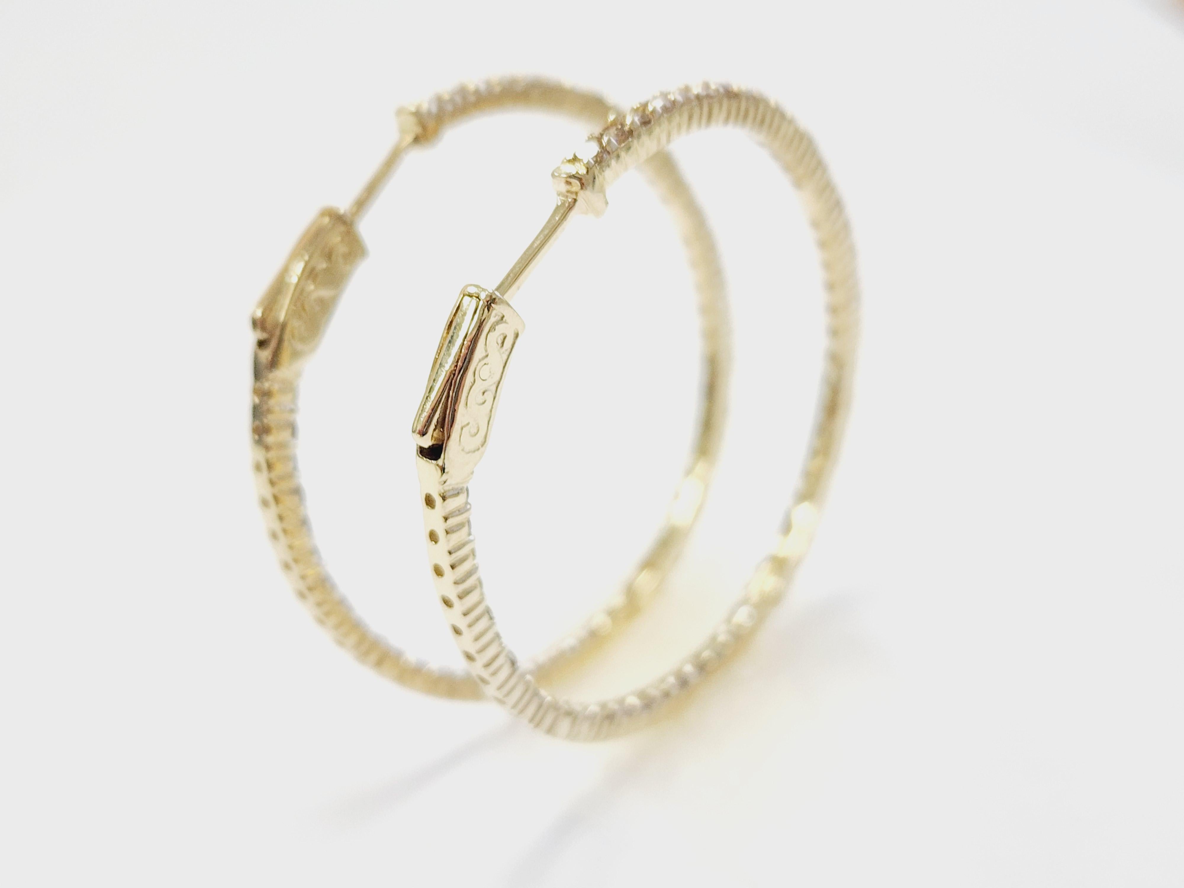 1.97 Carat Natural Diamond Hoops Earrings 14 Karat Yellow Gold For Sale 1