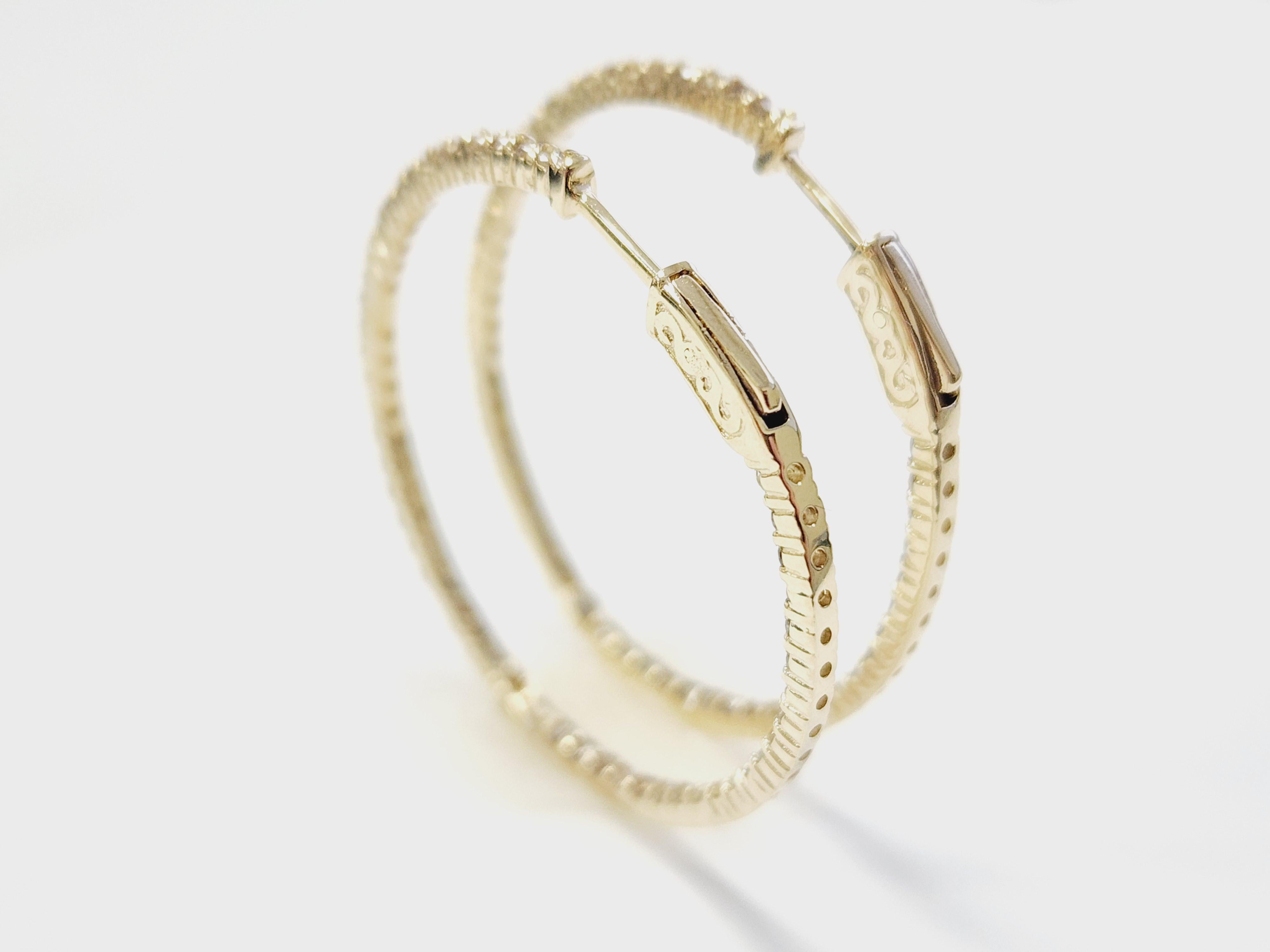 1.97 Carat Natural Diamond Hoops Earrings 14 Karat Yellow Gold For Sale 2