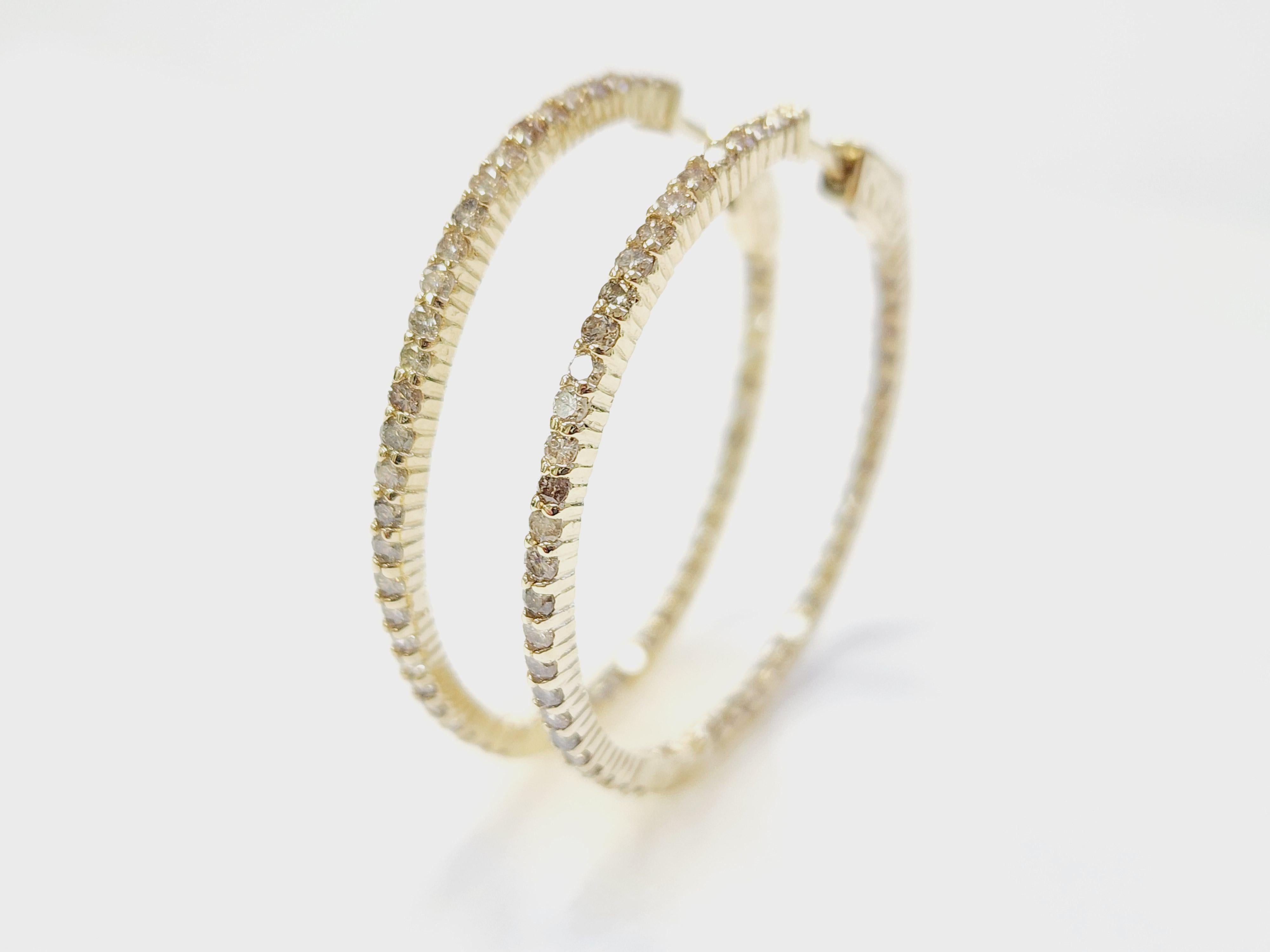 1.97 Carat Natural Diamond Hoops Earrings 14 Karat Yellow Gold For Sale 3