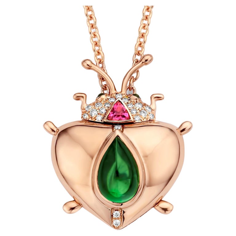 18K Rose Gold Locked Pendant Necklace With Diamonds, Pink and Green ...