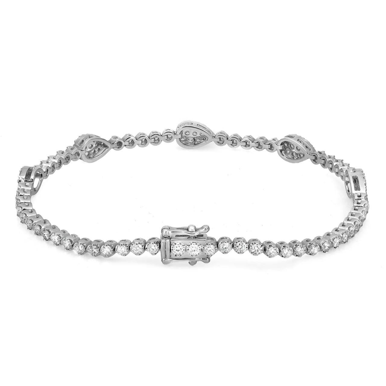 Elevate your elegance with our exquisitely crafted tennis bracelet. Prong-set round brilliant cut diamonds, accented by five pear-shaped designs studded with pave-set round cut diamonds, adorn this stunning piece, crafted in lustrous 18K white gold.
