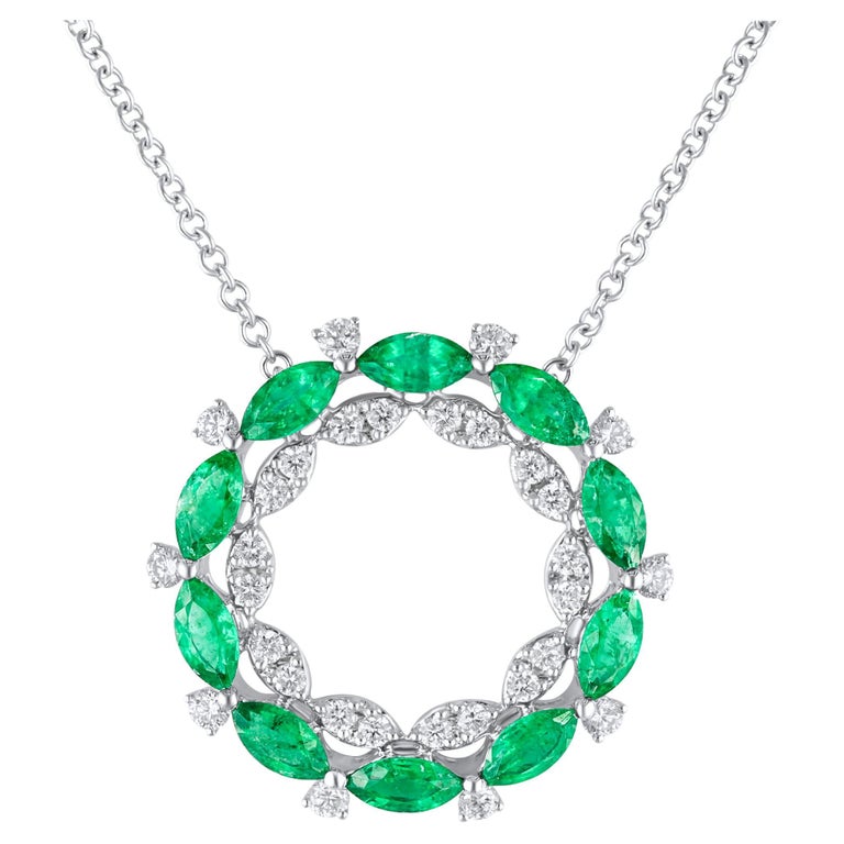 1.97 Carat Marquise Cut Emerald and Diamond Circle Pendant in 18k White Gold For Sale