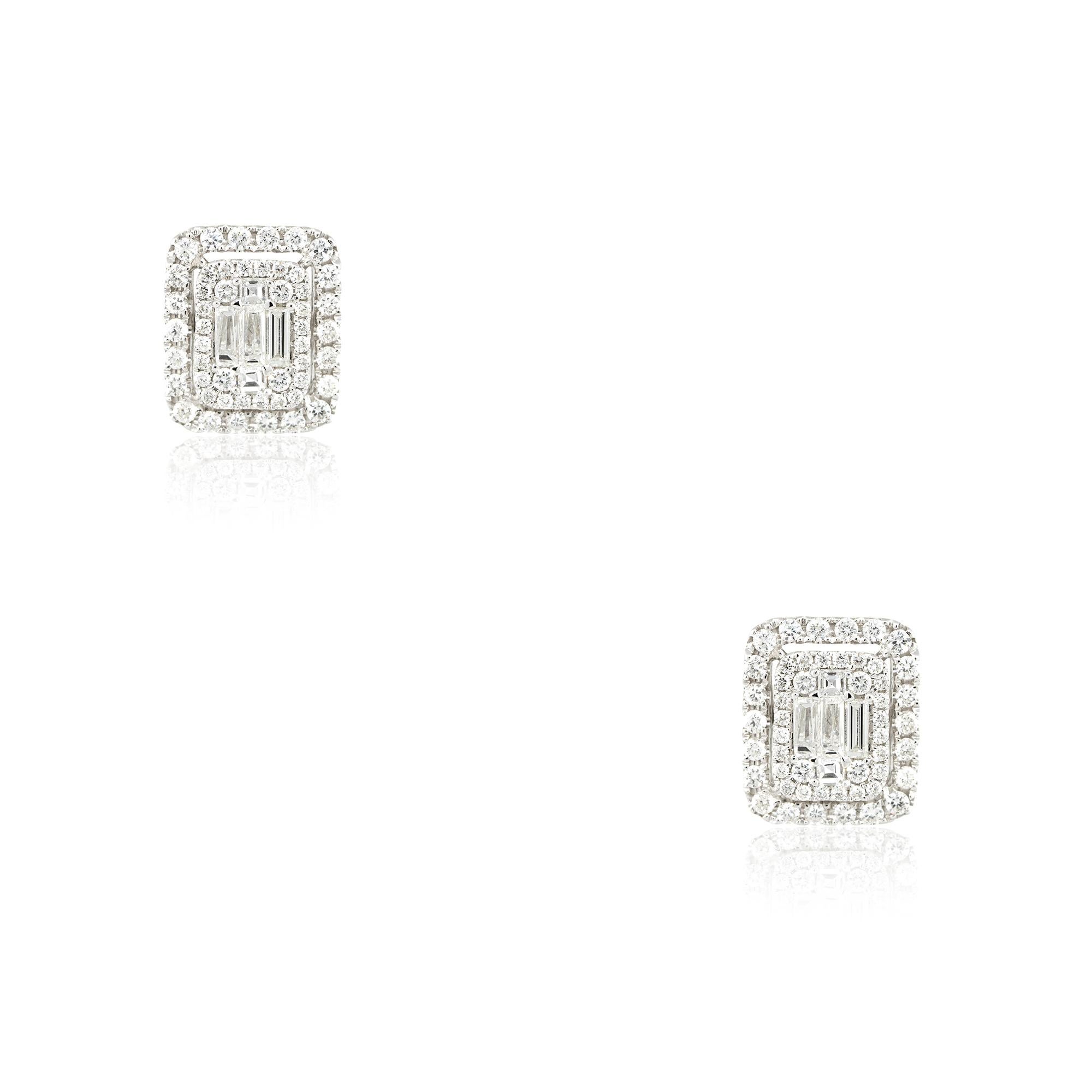 18k White Gold 1.97ctw Multi-Shape Diamond Halo Rectangular Stud Earrings
Material: 18k White Gold
Diamond Details: Diamonds are approximately 1.97ctw of Round Brilliant and Baguette cut Diamonds. There are 50 diamonds total and all diamonds are