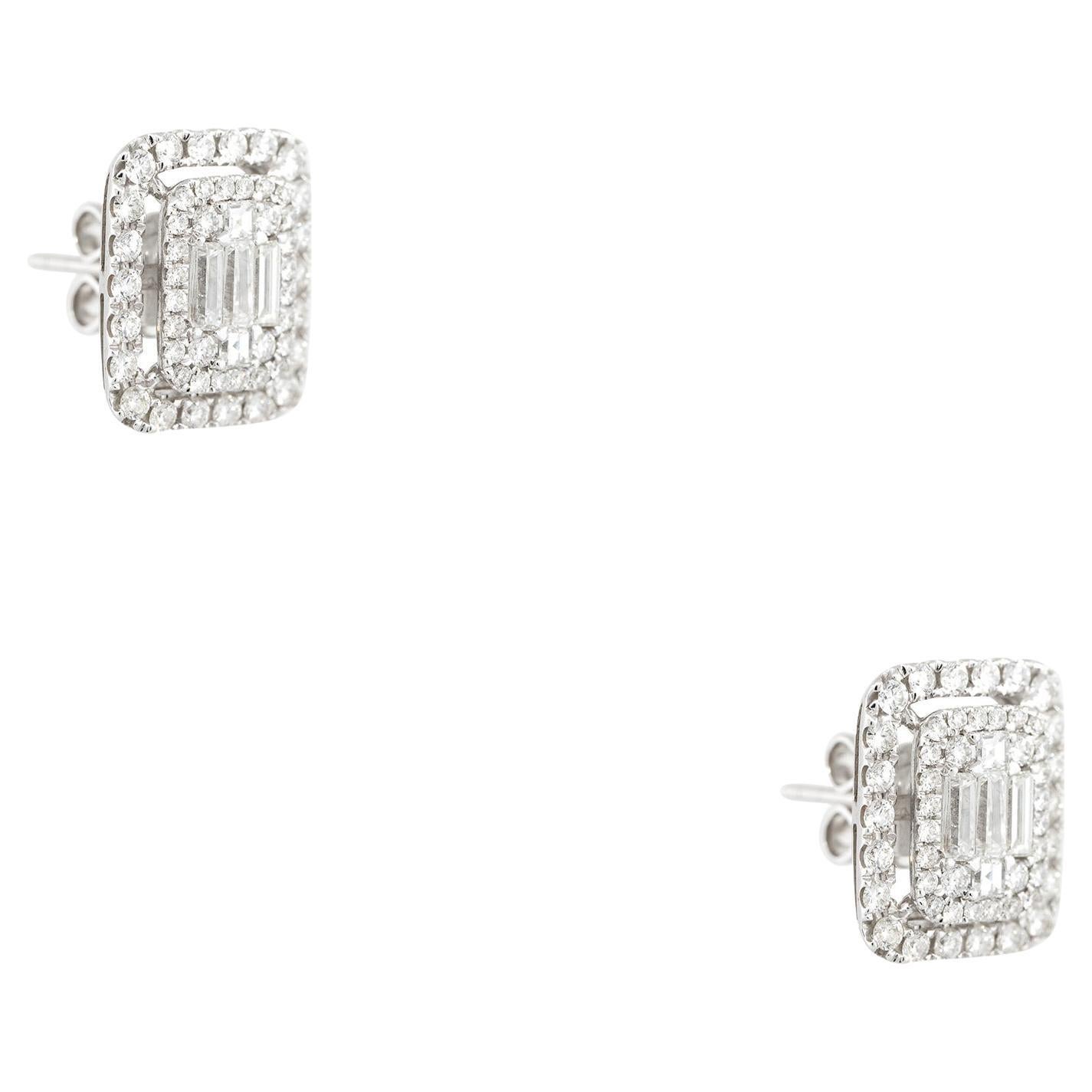 1.97 Carat Multi-Shape Diamond Halo Rectangular Stud Earrings 18 Karat in Stock For Sale