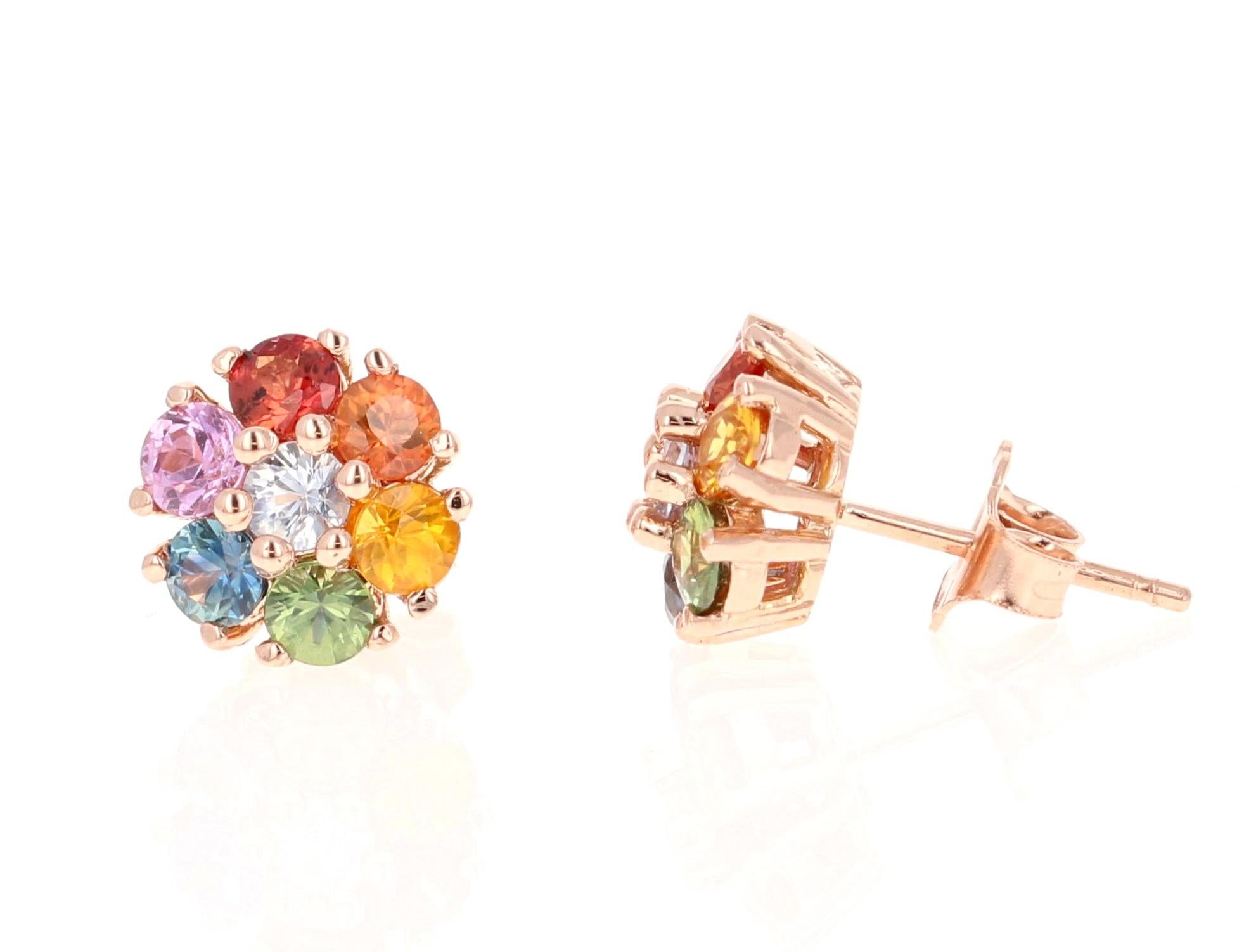 Contemporary 1.97 Carat Multicolor Sapphire Rose Gold Floret Stud Earrings