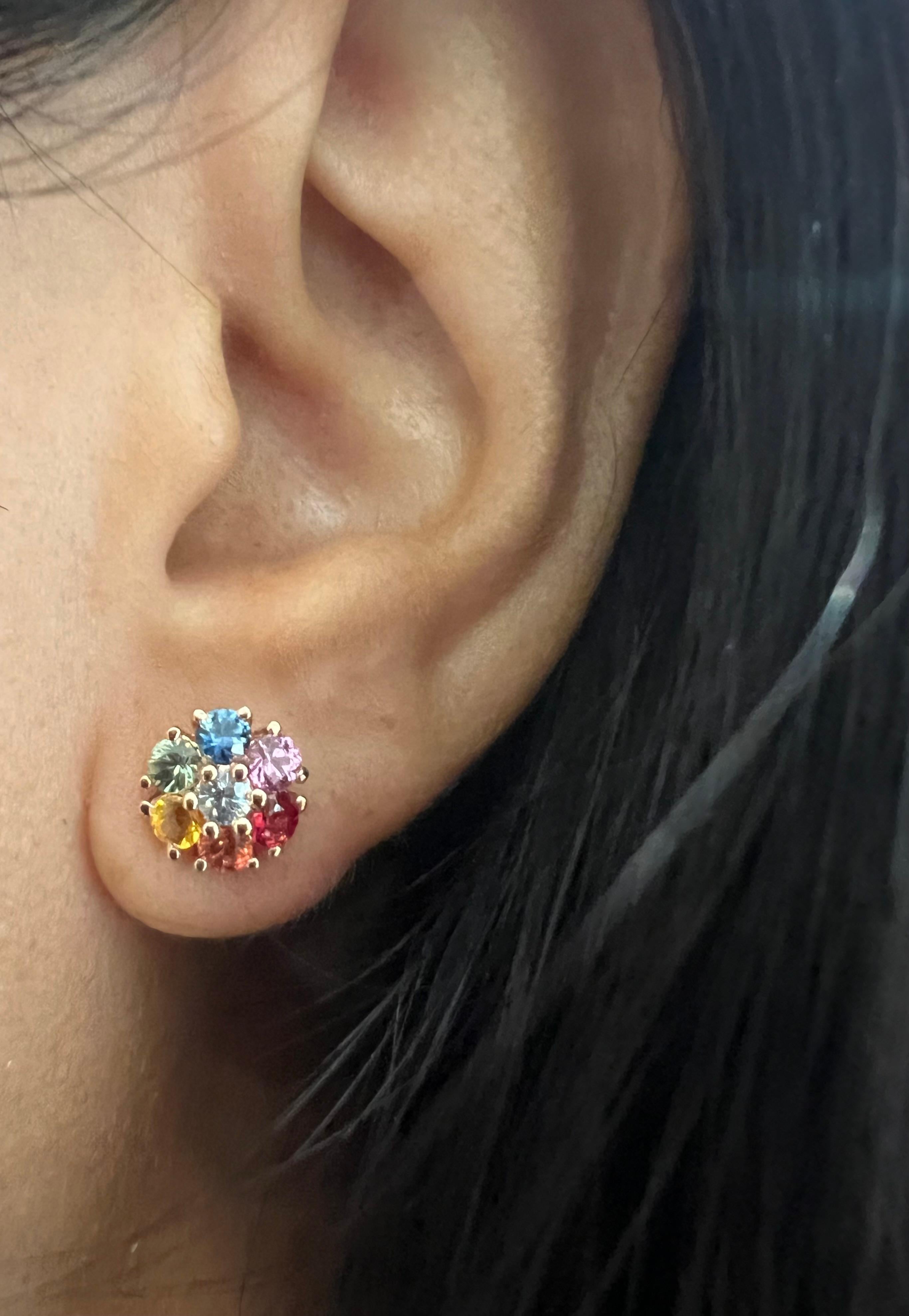 Round Cut 1.97 Carat Multicolor Sapphire Rose Gold Floret Stud Earrings