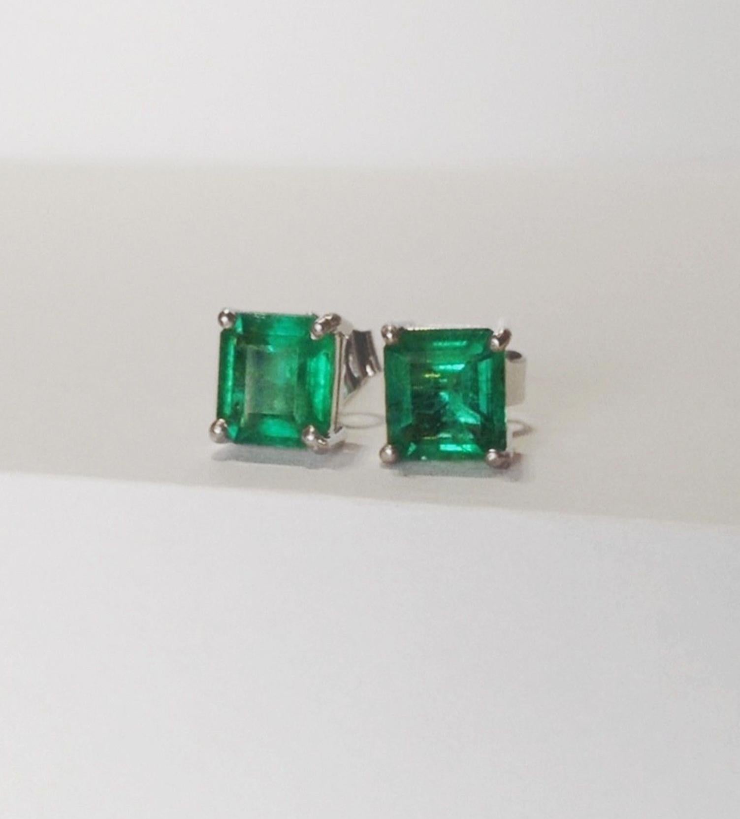 Emerald Cut 1.97 Carat Natural Emerald Stud Earrings 18 Karat White Gold