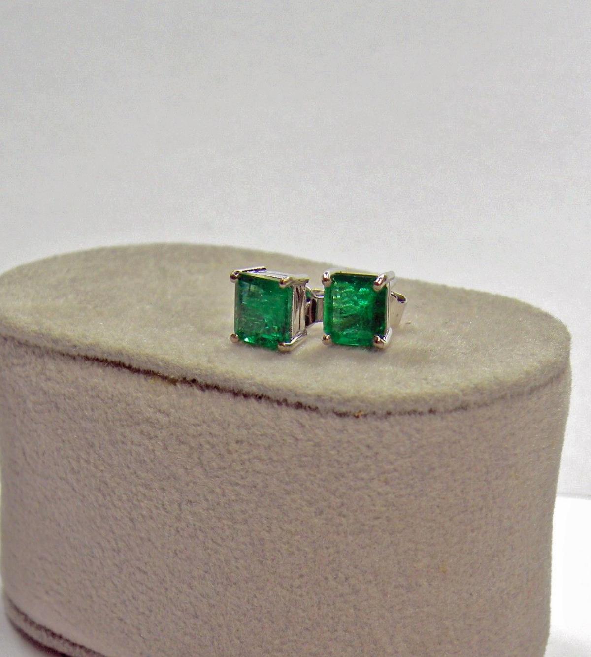 1.97 Carat Natural Emerald Stud Earrings 18 Karat White Gold 3