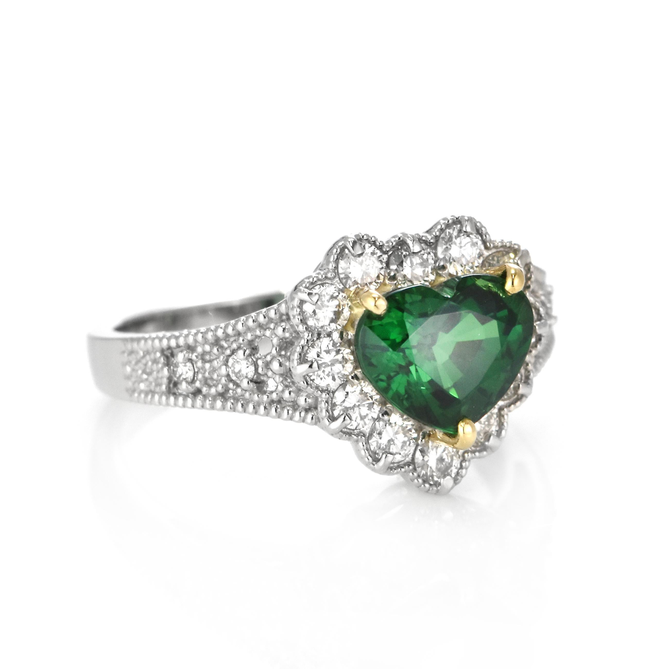 1.97 Carat Natural Heart-Cut Tsavorite Garnet and Diamond Ring Set in Platinum For Sale 4