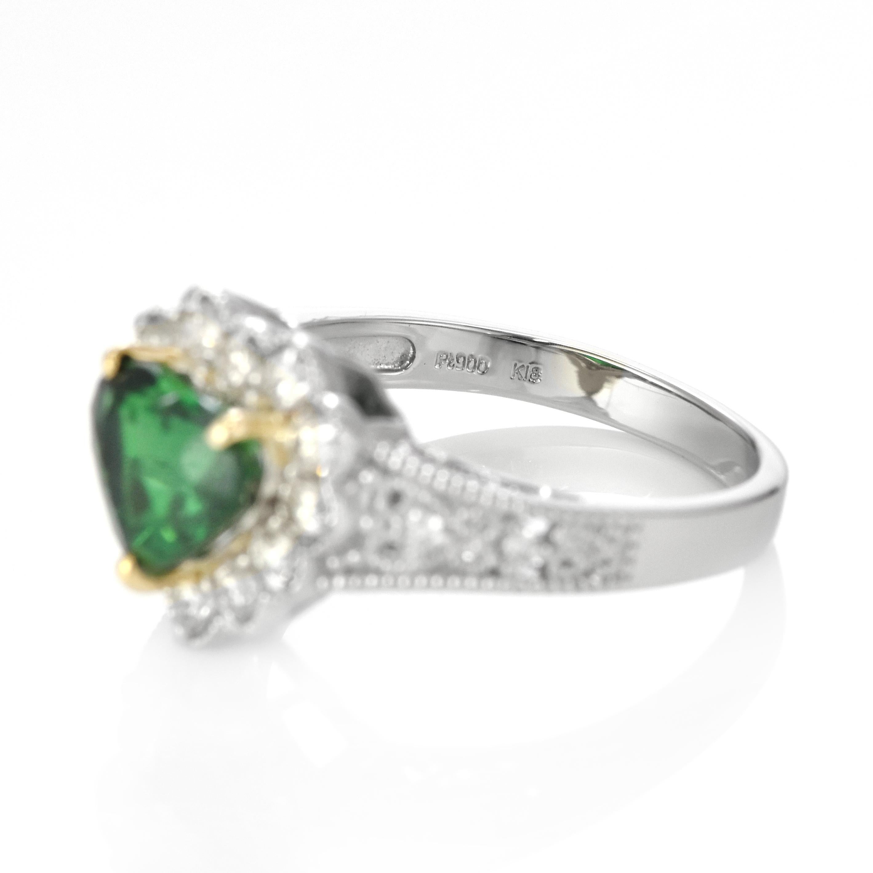 1.97 Carat Natural Heart-Cut Tsavorite Garnet and Diamond Ring Set in Platinum For Sale 5